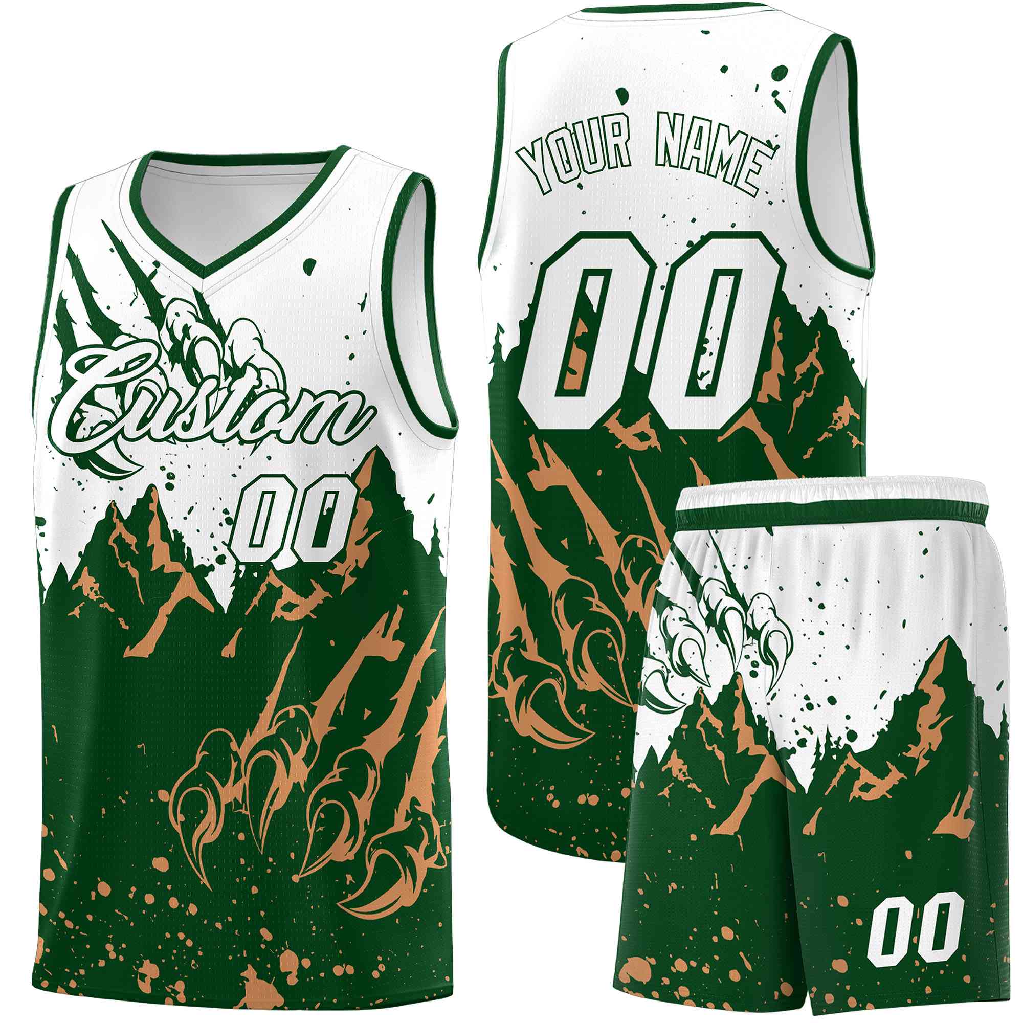 Custom White Green Snow Mountain Beast Pattern Sports Uniform Basketball Jersey