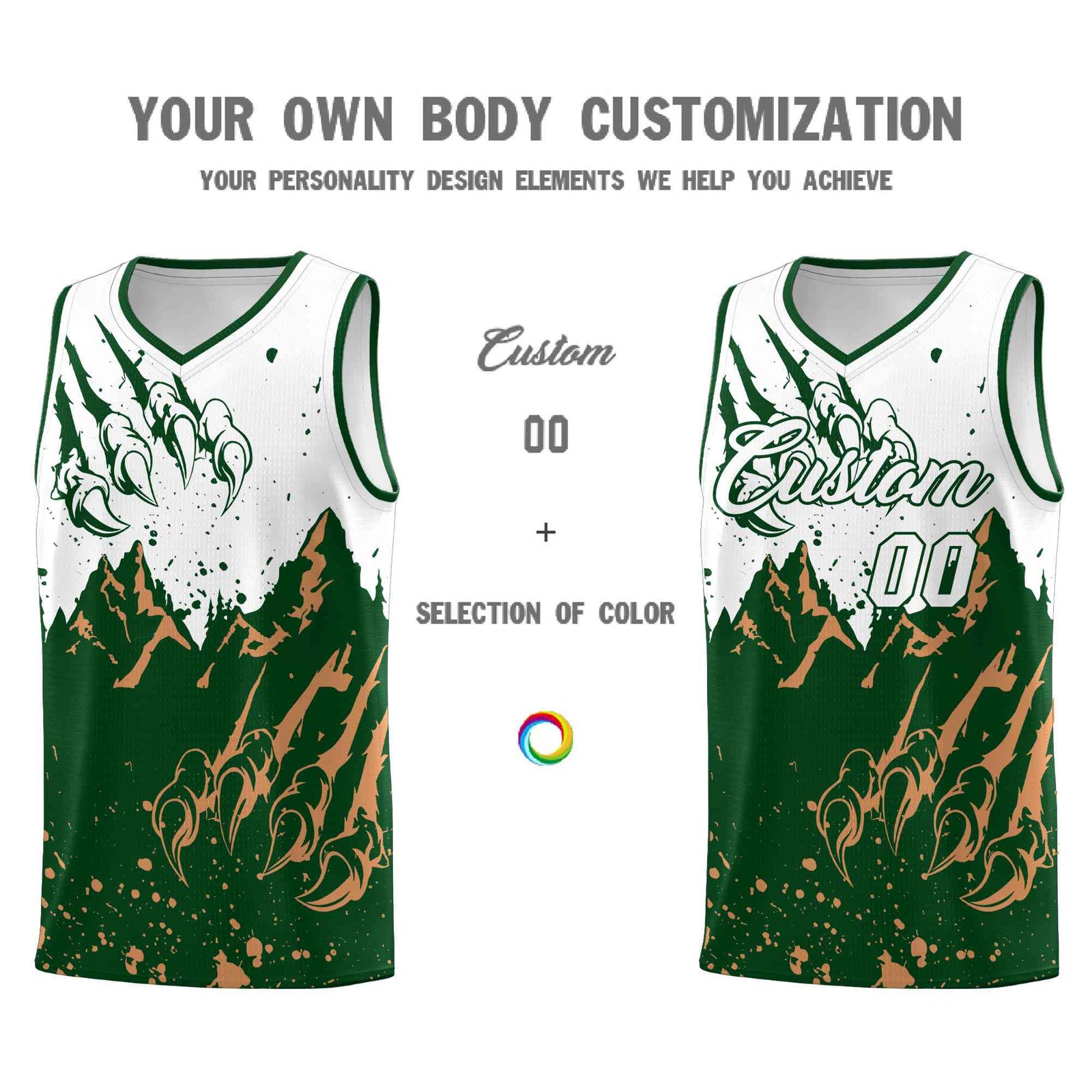 Custom White Green Snow Mountain Beast Pattern Sports Uniform Basketball Jersey