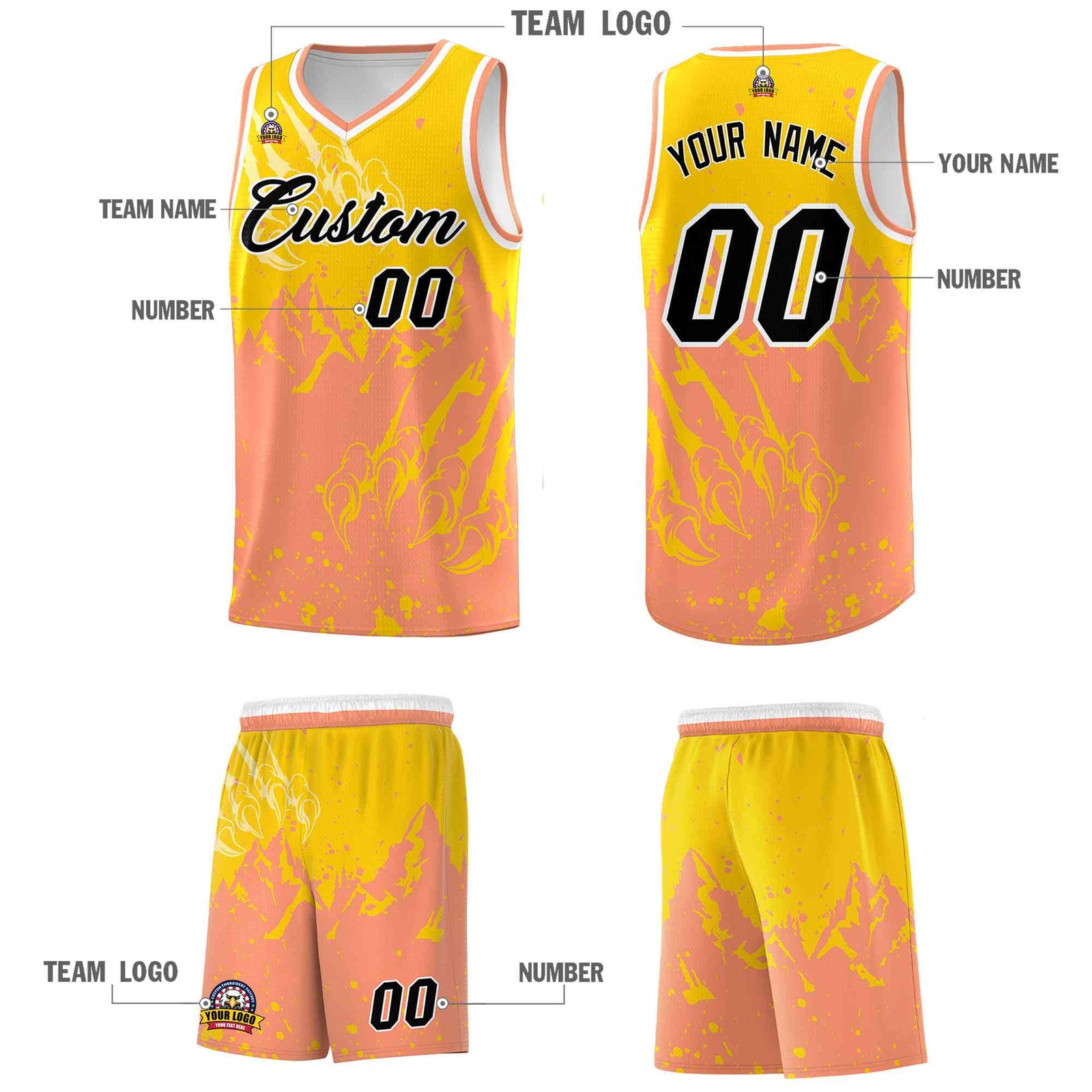 Custom Gold Light Orange Snow Mountain Beast Pattern Sports Uniform Basketball Jersey