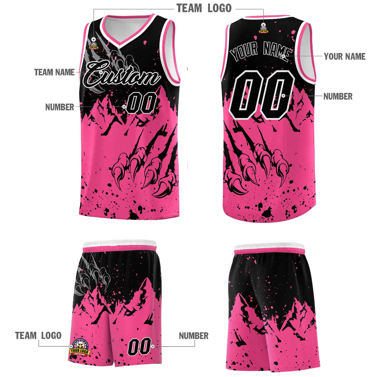 Custom Black Pink Snow Mountain Beast Pattern Sports Uniform Basketball Jersey