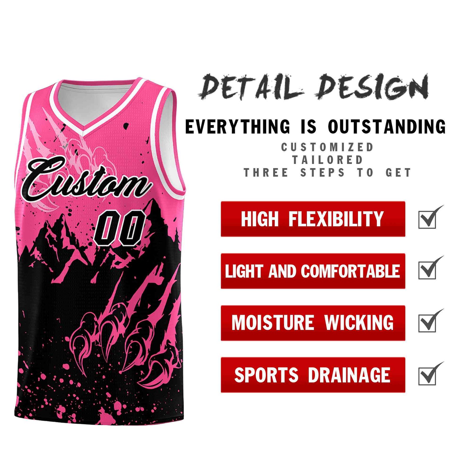 Custom Pink Black Snow Mountain Beast Pattern Sports Uniform Basketball Jersey
