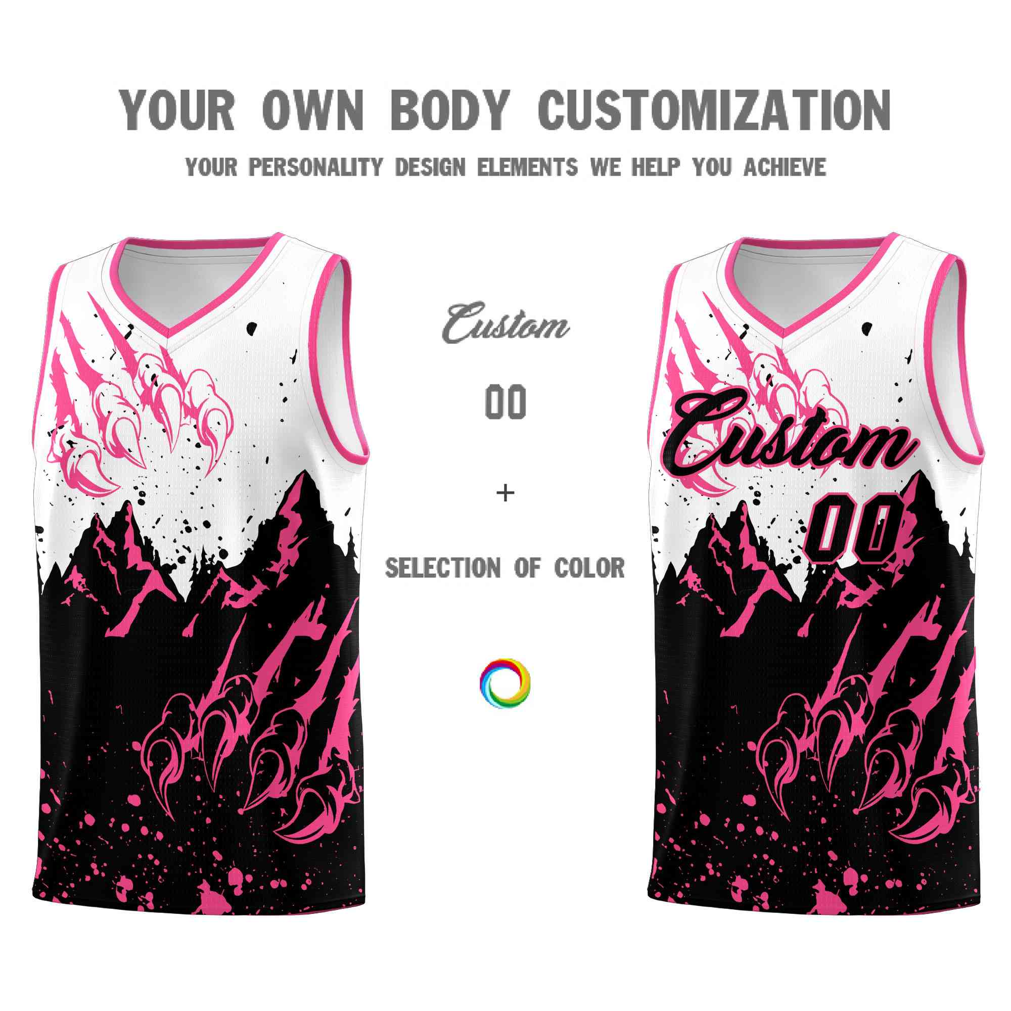 Custom White Pink Snow Mountain Beast Pattern Sports Uniform Basketball Jersey