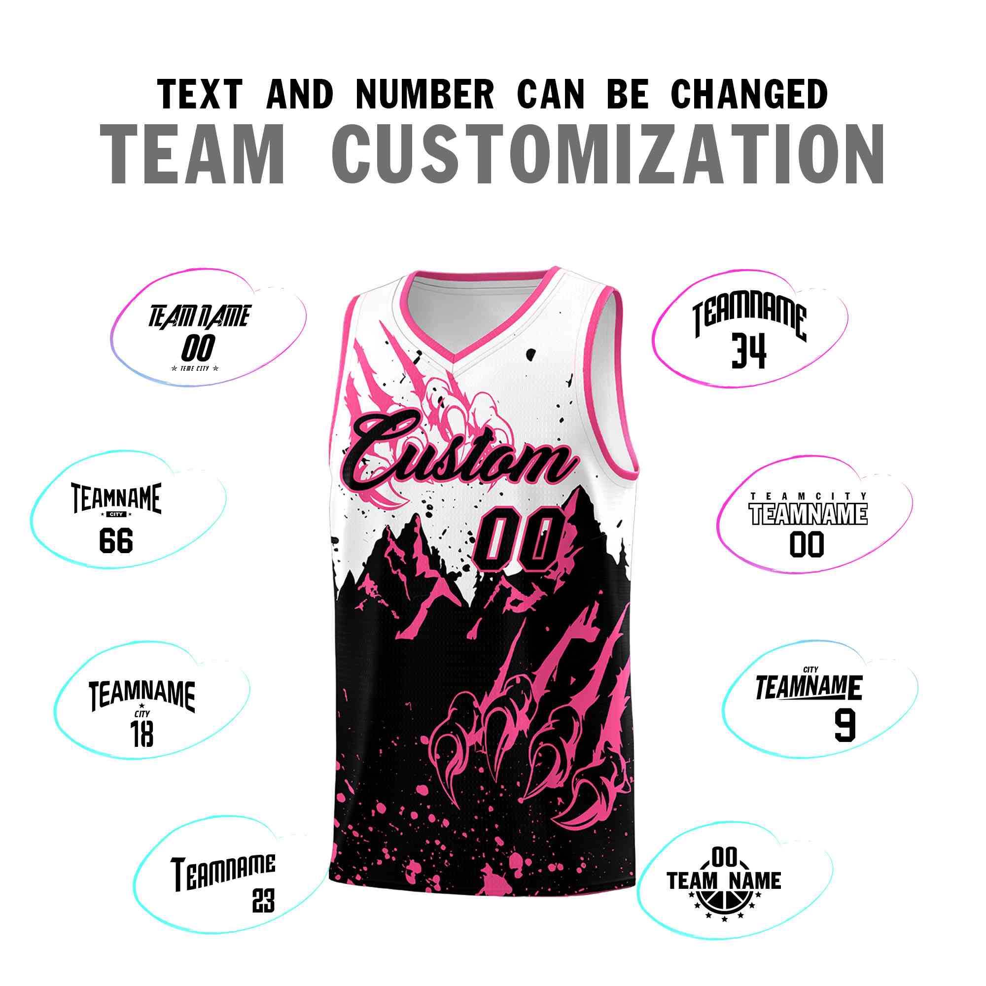 Custom White Pink Snow Mountain Beast Pattern Sports Uniform Basketball Jersey