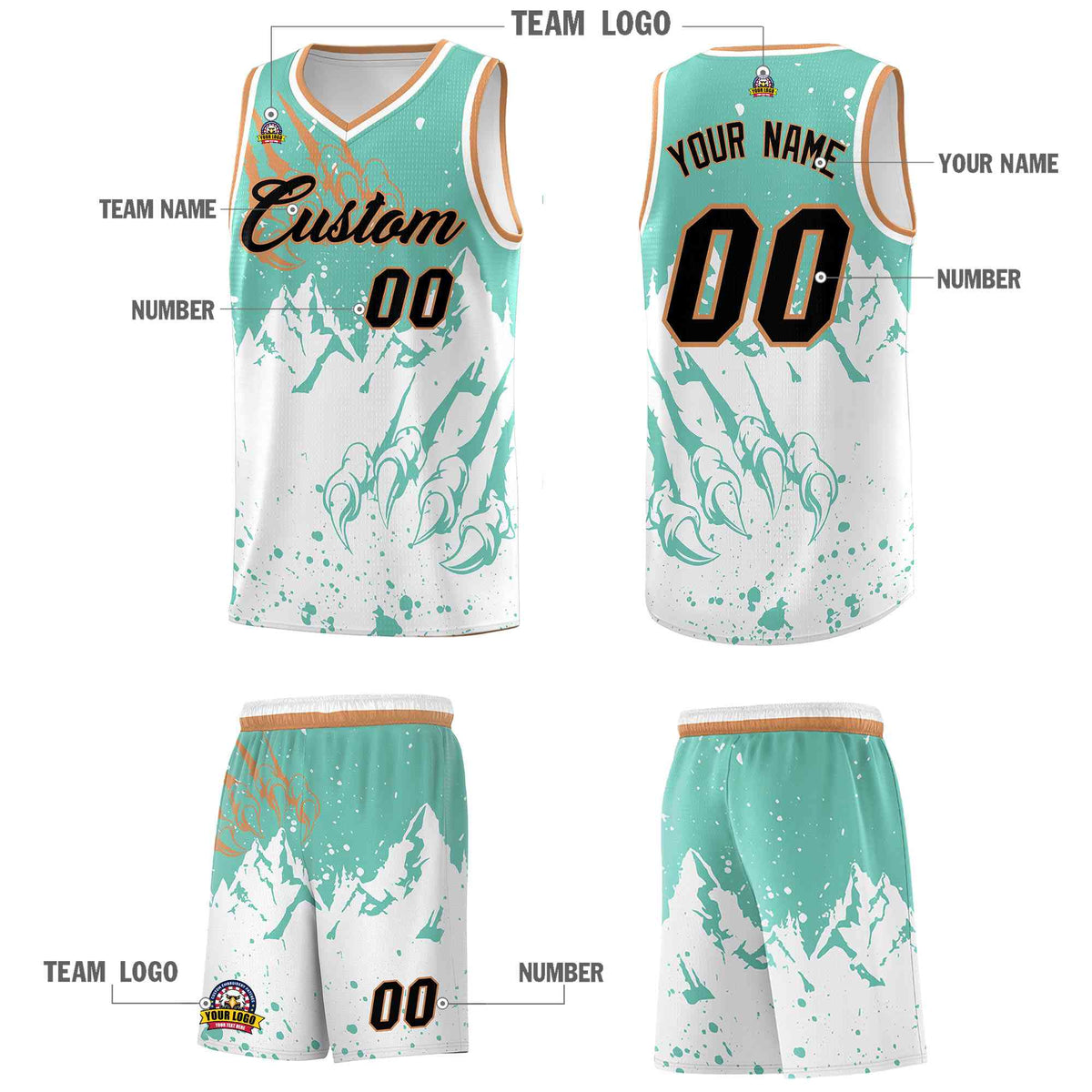 Custom Bright Green White Snow Mountain Beast Pattern Sports Uniform Basketball Jersey