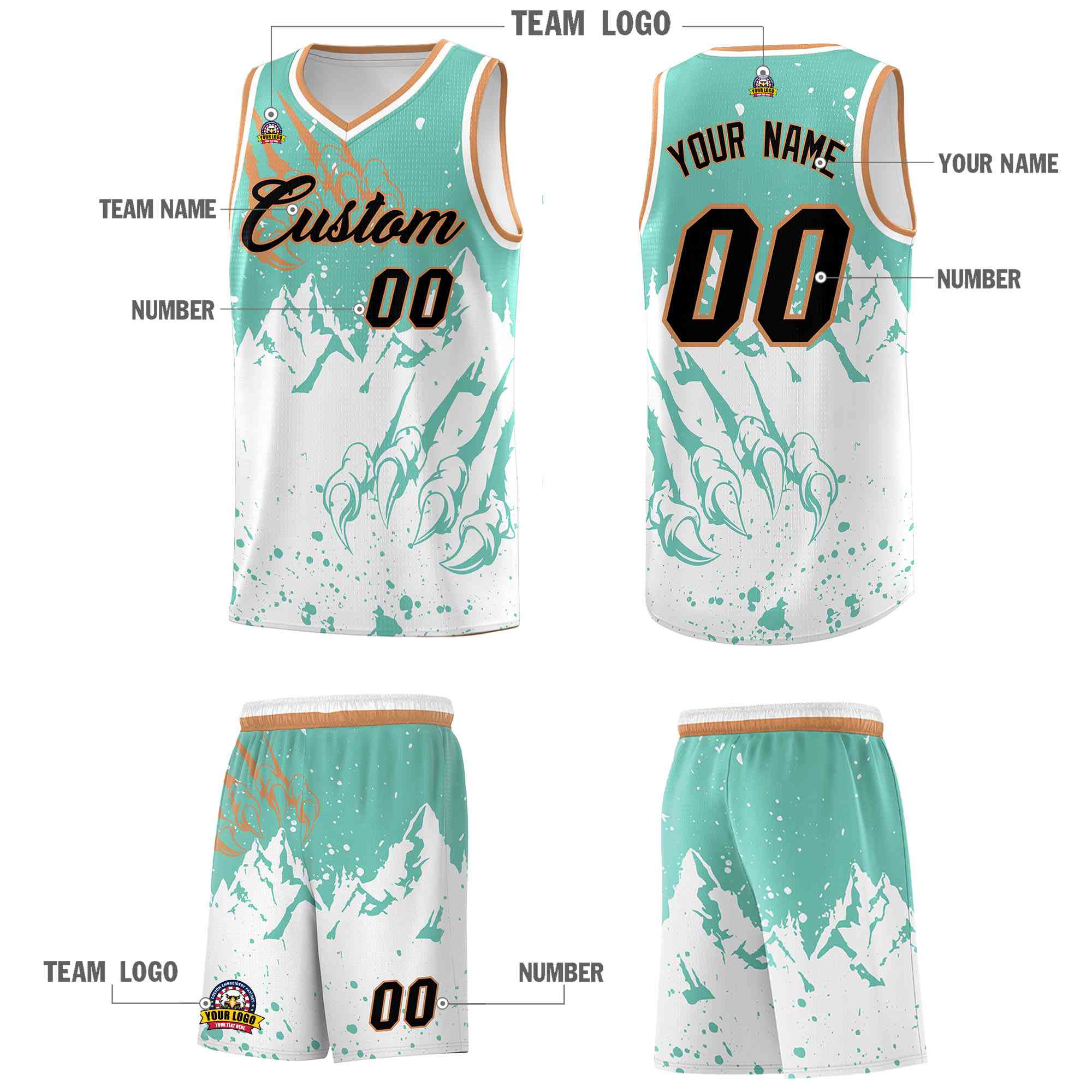 Custom Bright Green White Snow Mountain Beast Pattern Sports Uniform Basketball Jersey