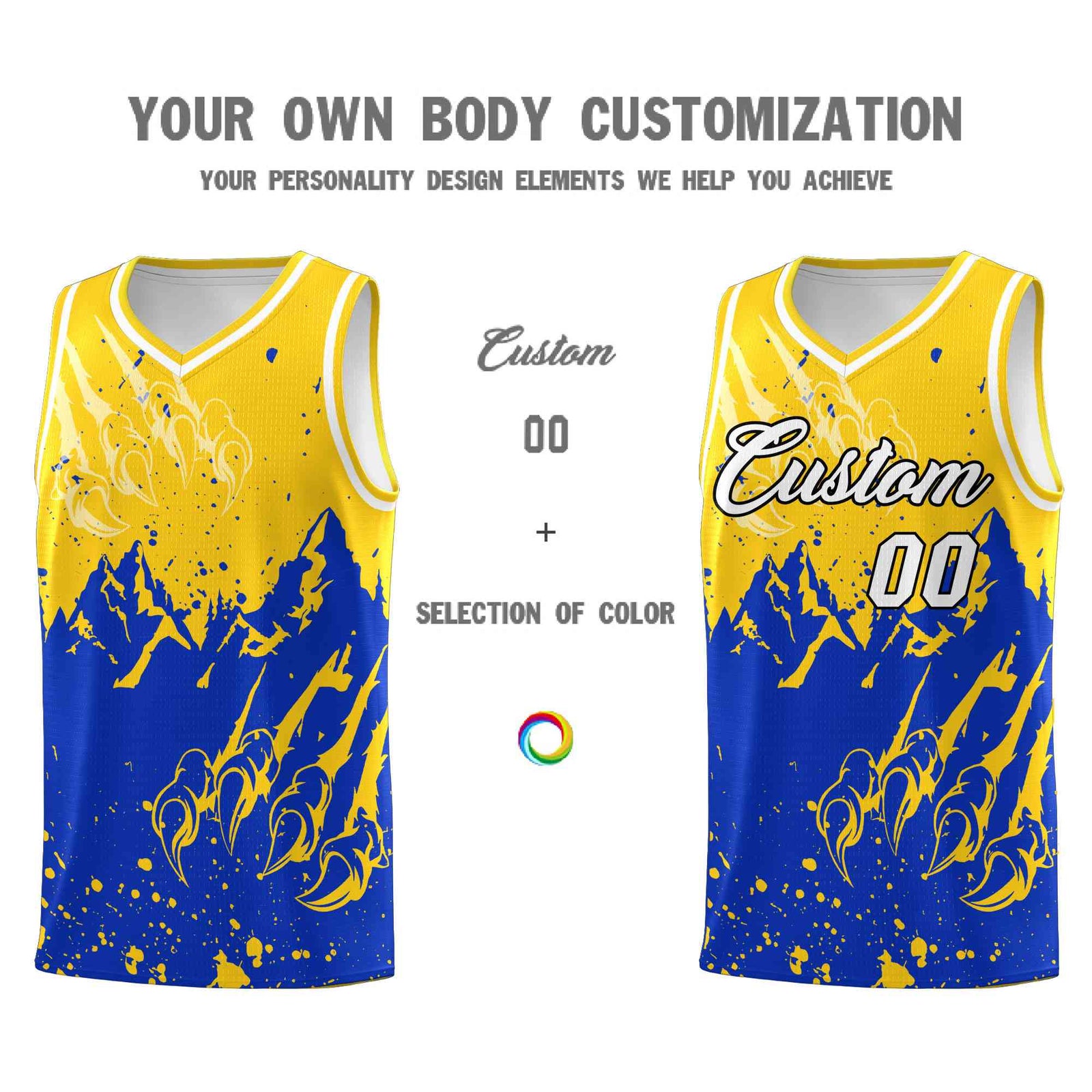Custom Gold Royal Snow Mountain Beast Pattern Sports Uniform Basketball Jersey