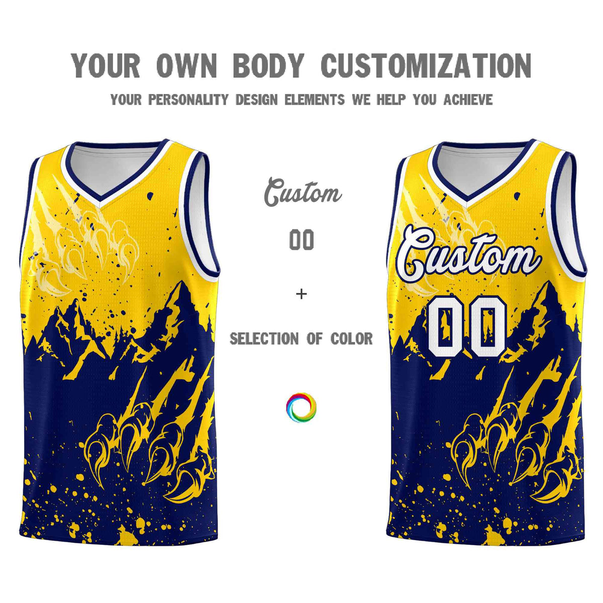 Custom Gold Navy Snow Mountain Beast Pattern Sports Uniform Basketball Jersey| KXKSHOP