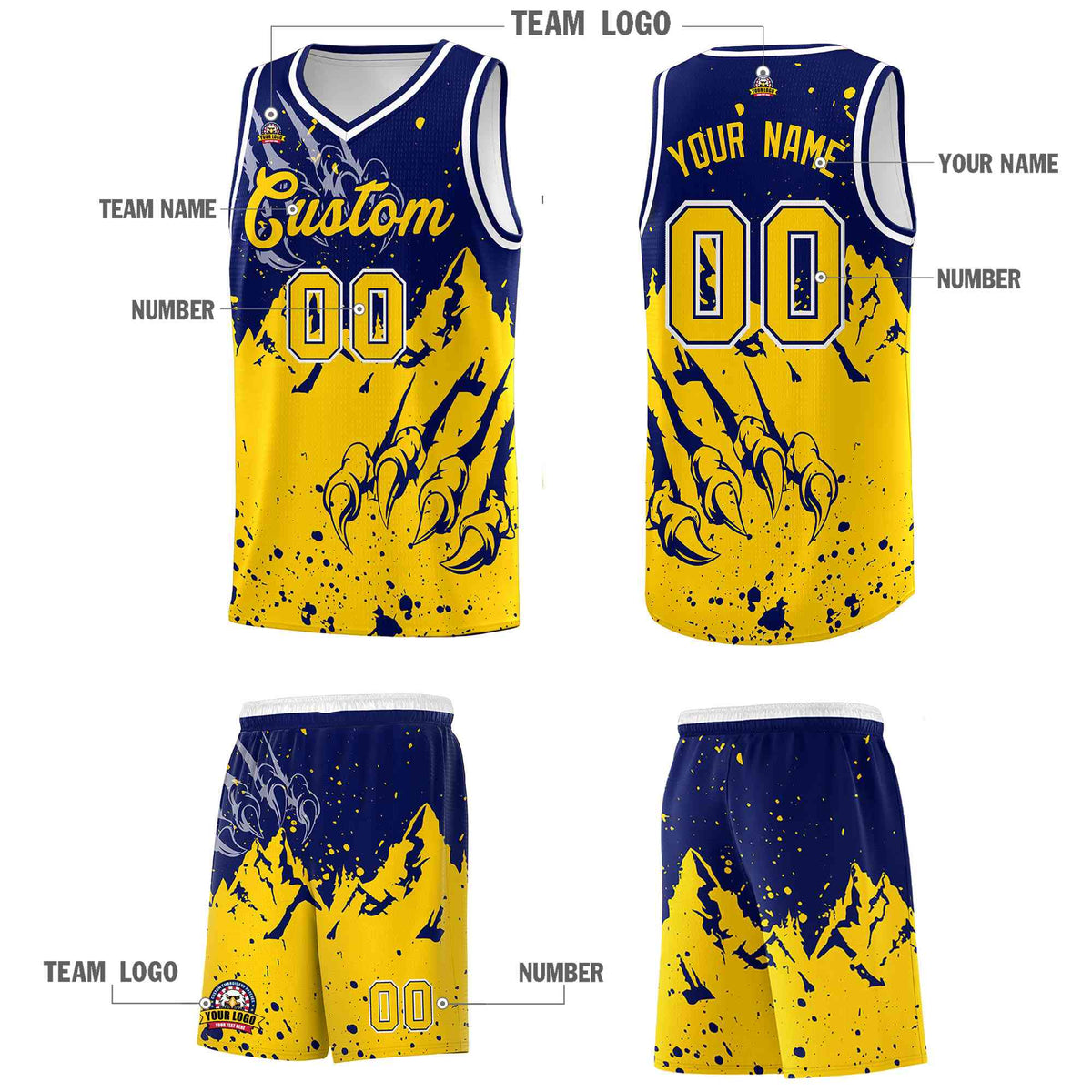 Custom Navy Gold Snow Mountain Beast Pattern Sports Uniform Basketball Jersey