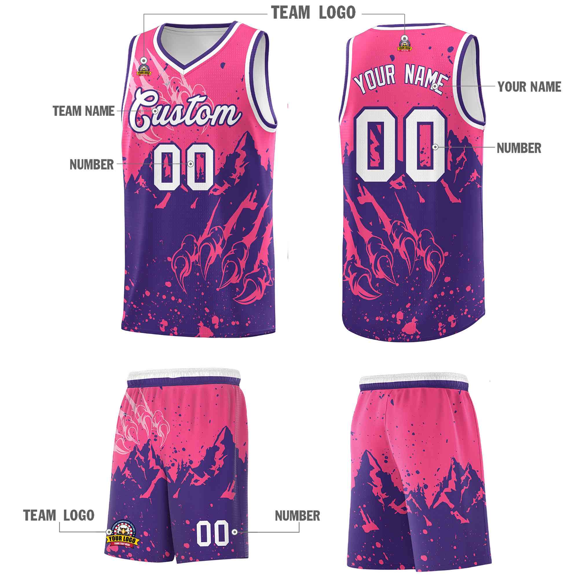 Custom Pink Purple Snow Mountain Beast Pattern Sports Uniform Basketball Jersey