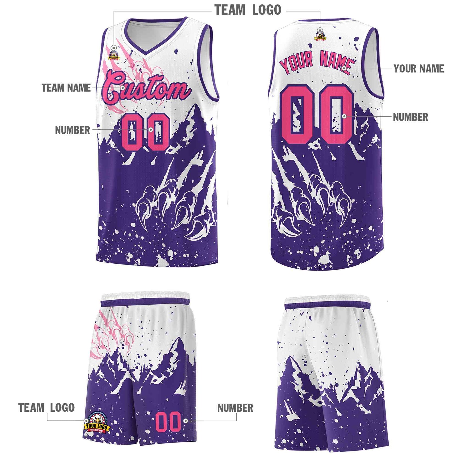Custom White Purple Snow Mountain Beast Pattern Sports Uniform Basketball Jersey| KXKSHOP