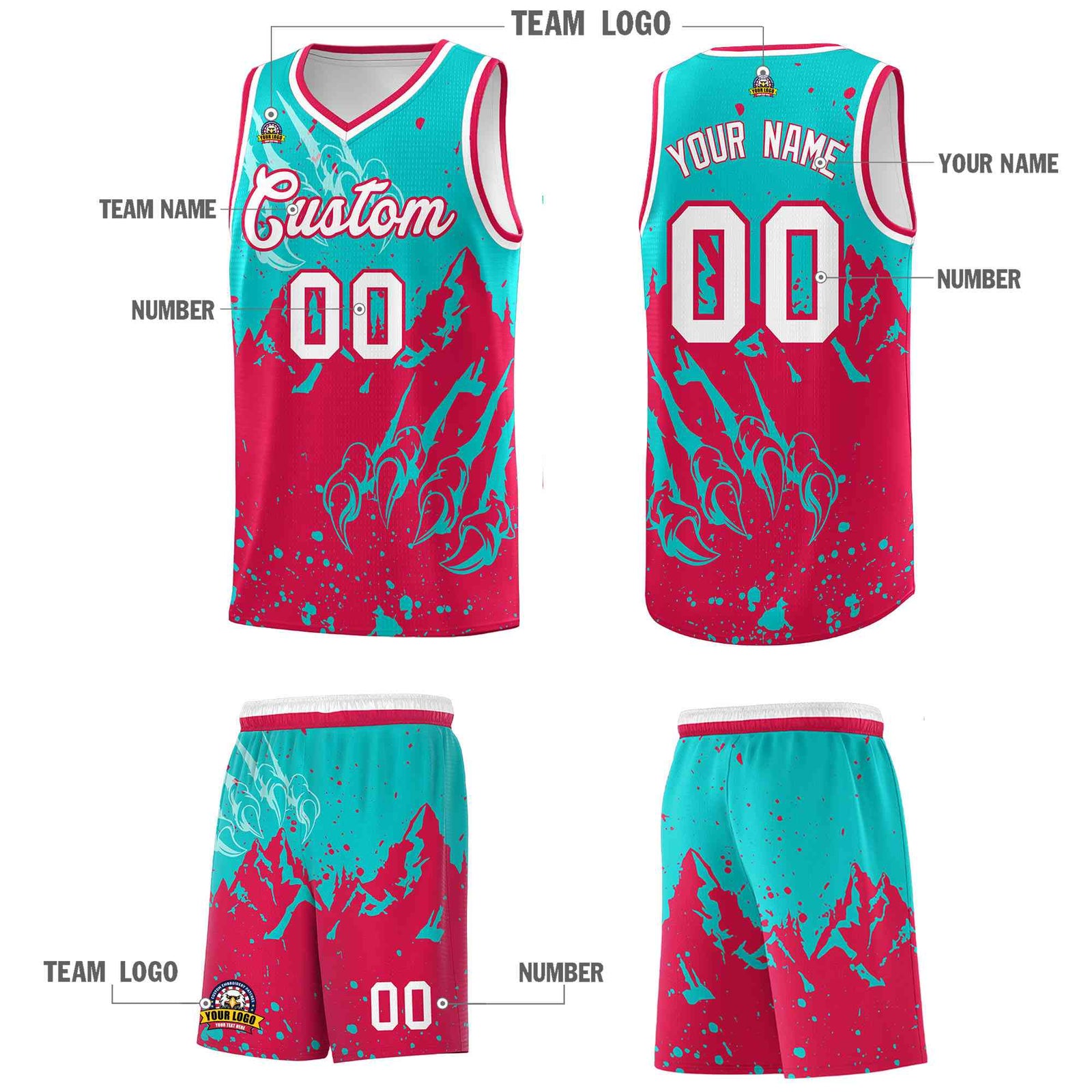Custom Aqua Red Snow Mountain Beast Pattern Sports Uniform Basketball Jersey