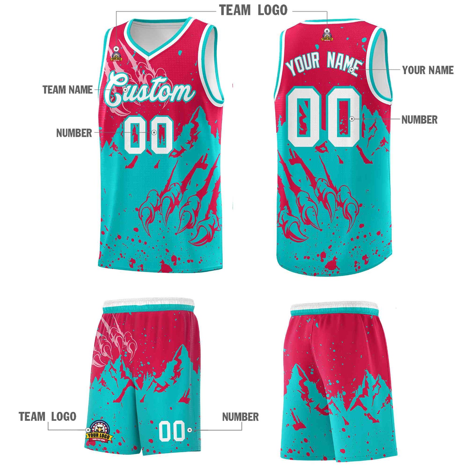 Custom Red Aqua Snow Mountain Beast Pattern Sports Uniform Basketball Jersey