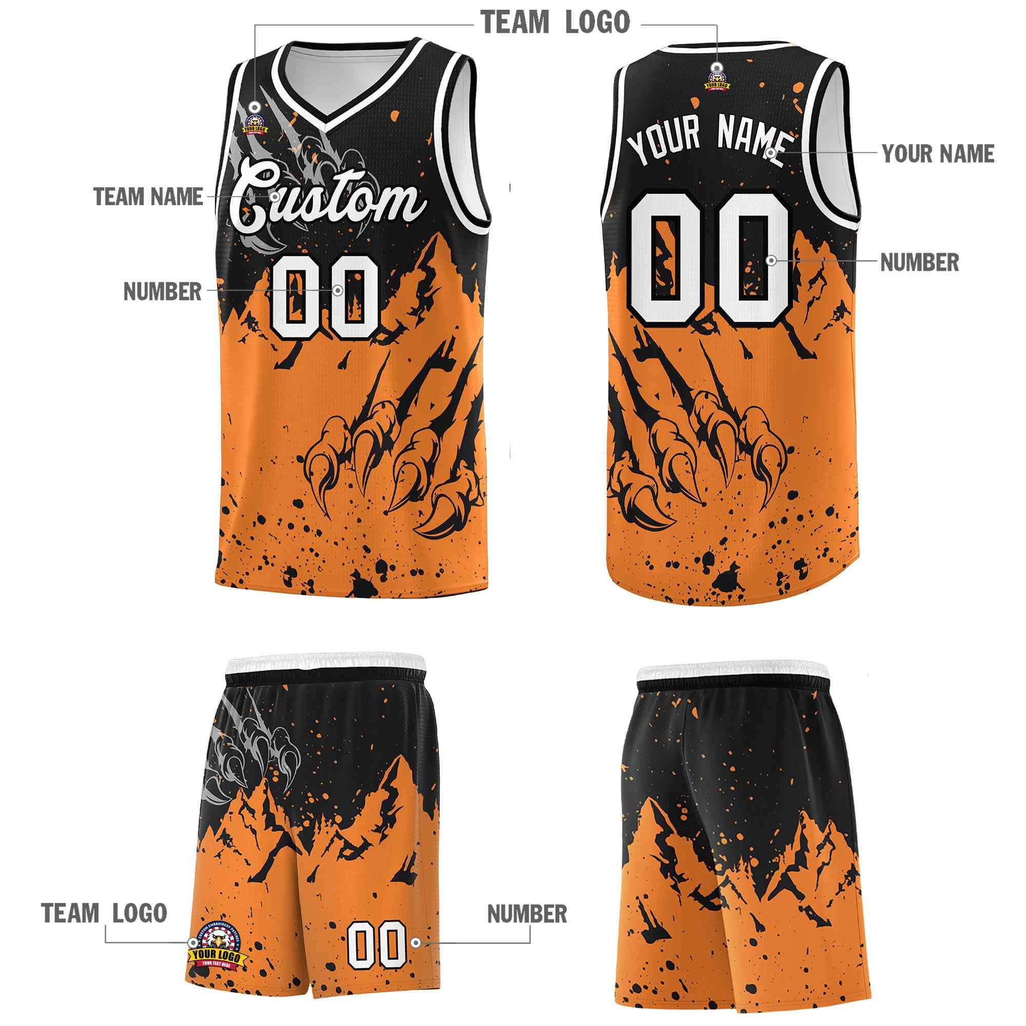 Custom Black Gold Orange Snow Mountain Beast Pattern Sports Uniform Basketball Jersey