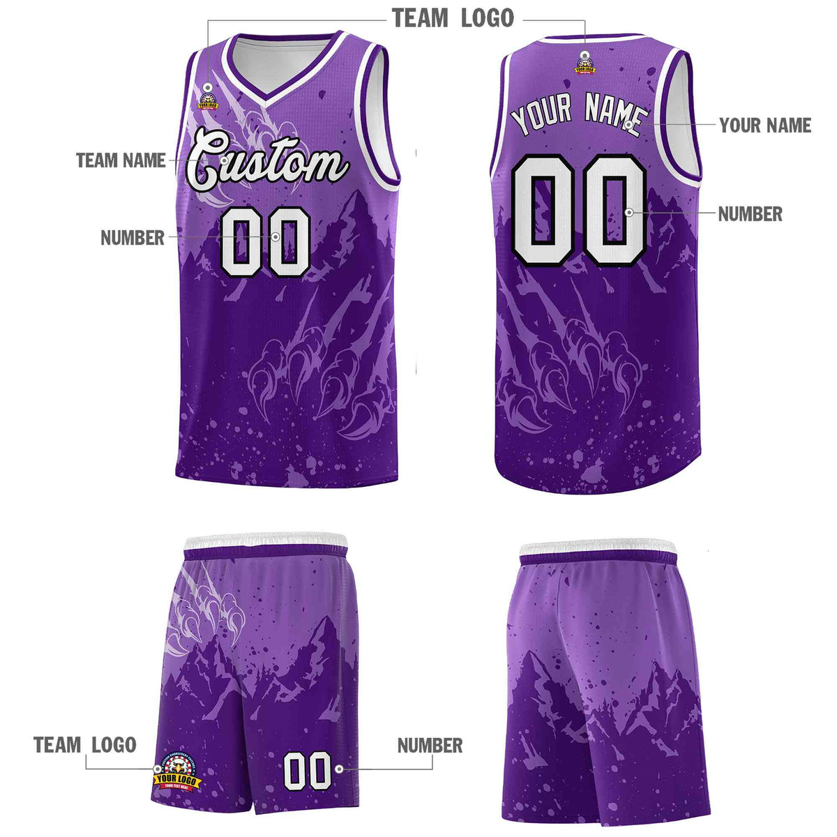 Custom Light Purple Purple Snow Mountain Beast Pattern Sports Uniform Basketball Jersey