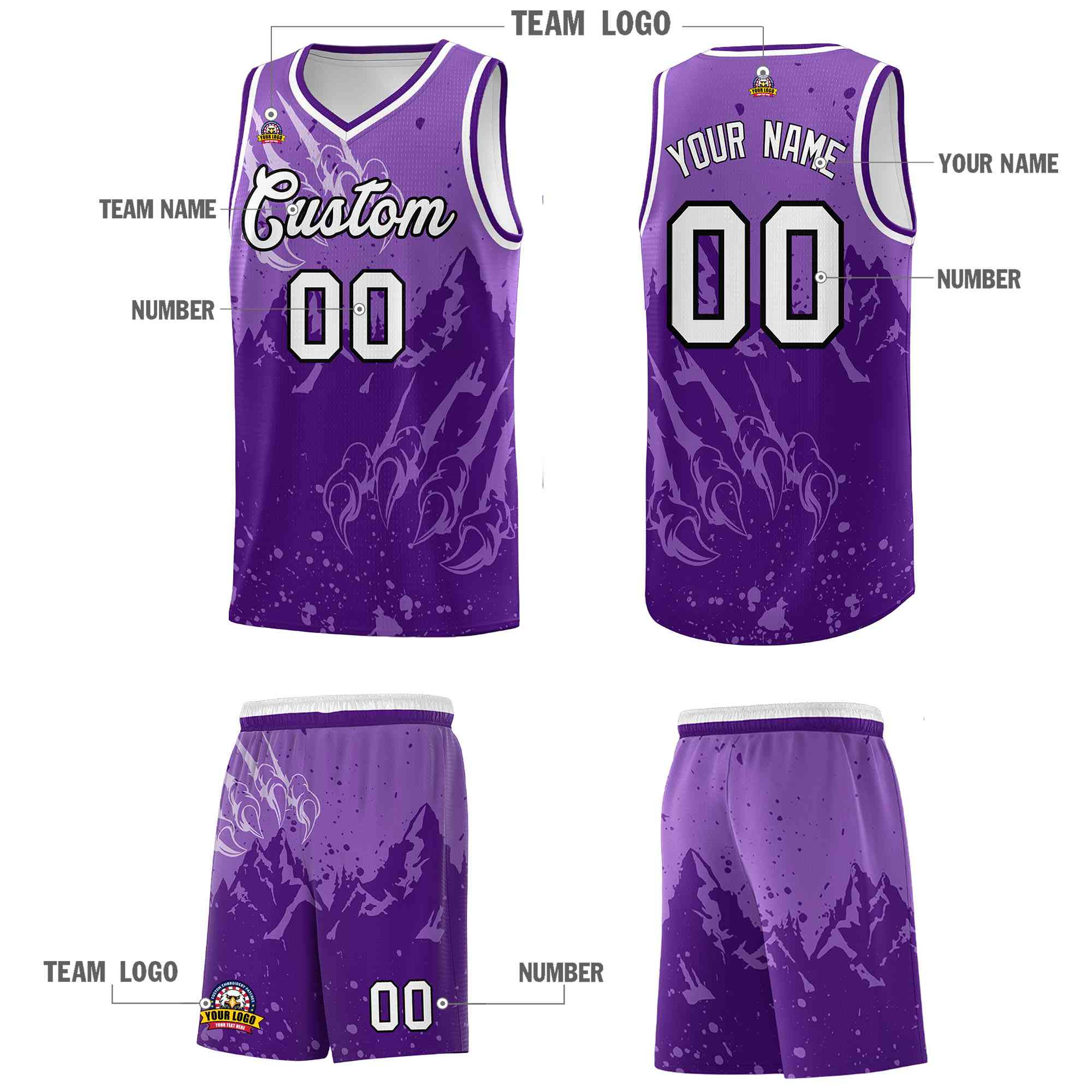 Custom Light Purple Purple Snow Mountain Beast Pattern Sports Uniform Basketball Jersey