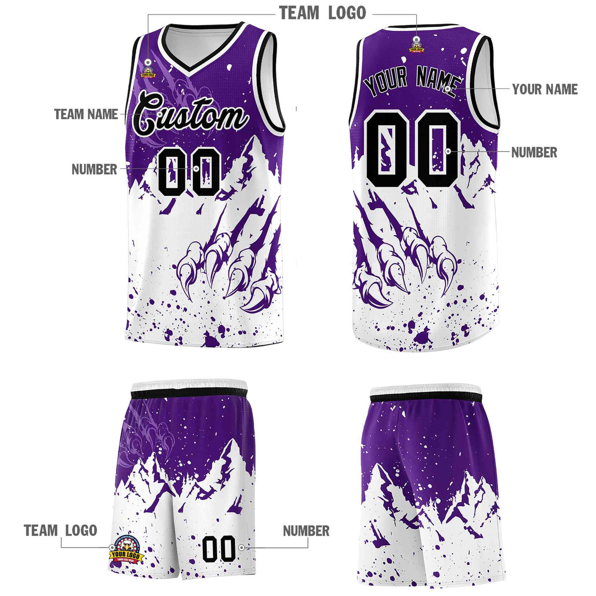 Custom Purple White Snow Mountain Beast Pattern Sports Uniform Basketball Jersey