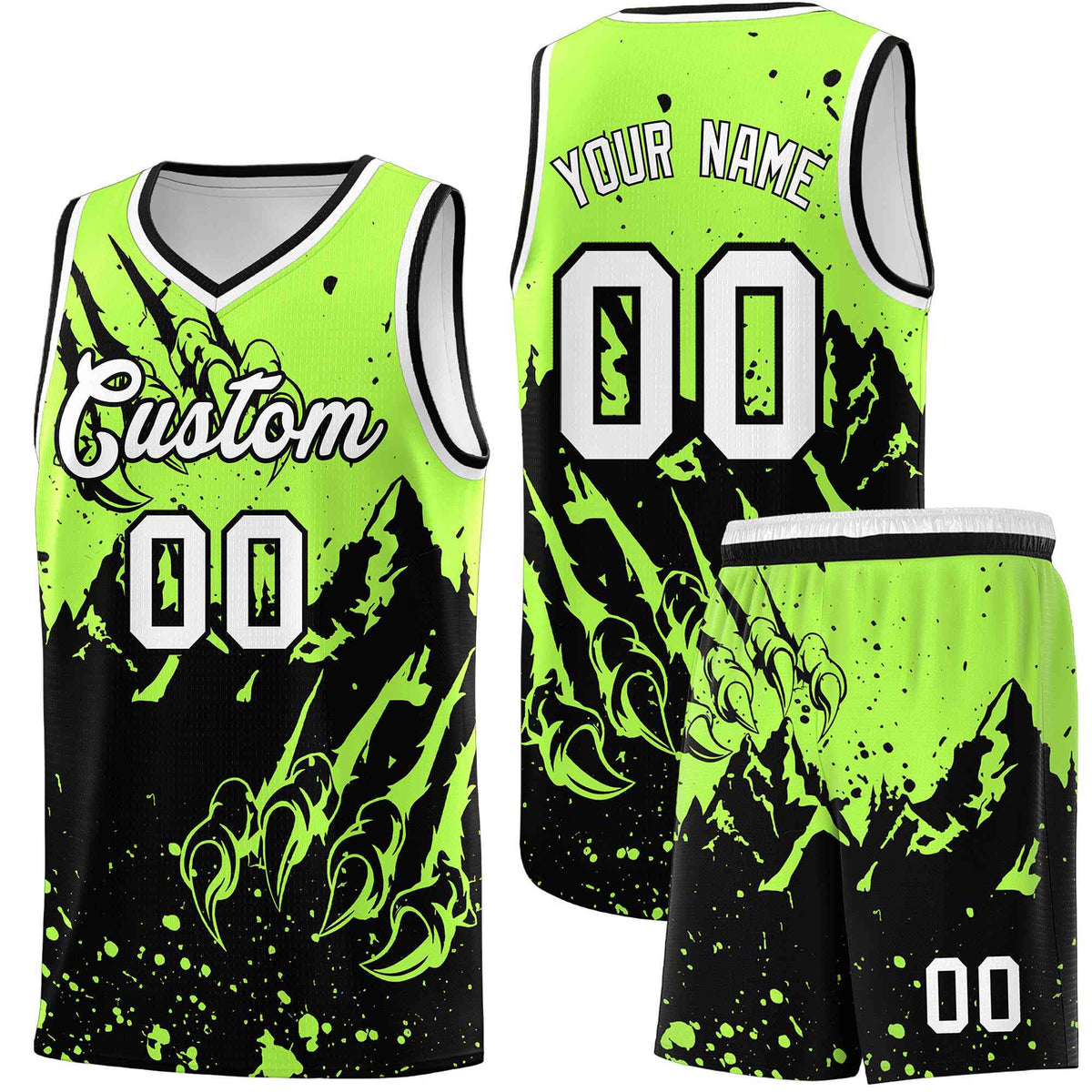 Custom Fluorescent Green Black Snow Mountain Beast Pattern Sports Uniform Basketball Jersey| KXKSHOP