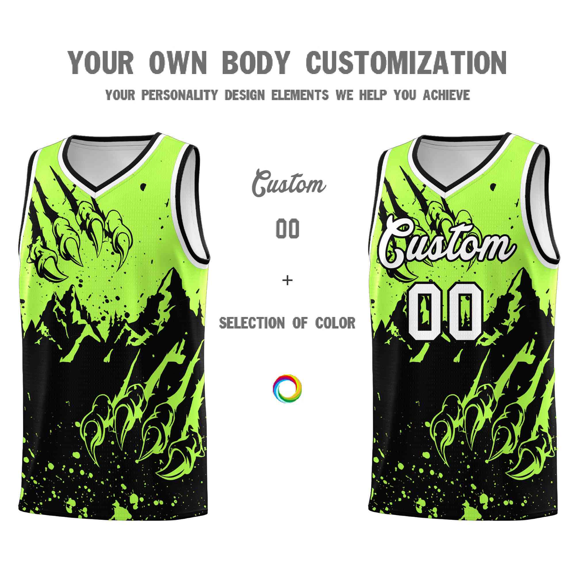 Custom Fluorescent Green Black Snow Mountain Beast Pattern Sports Uniform Basketball Jersey| KXKSHOP