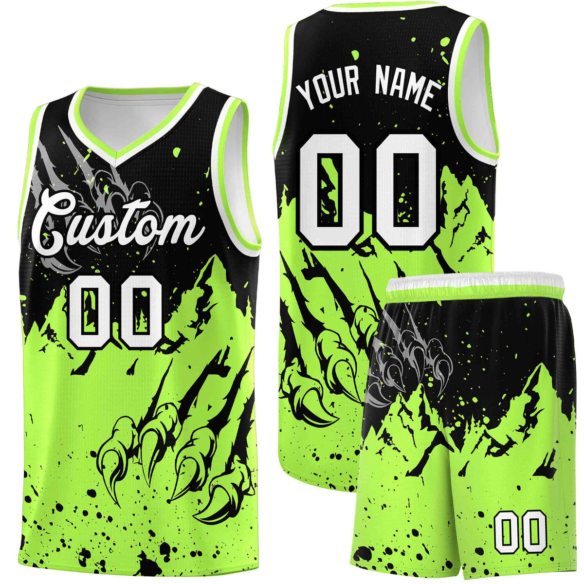 Custom Black Fluorescent Green Snow Mountain Beast Pattern Sports Uniform Basketball Jersey| KXKSHOP