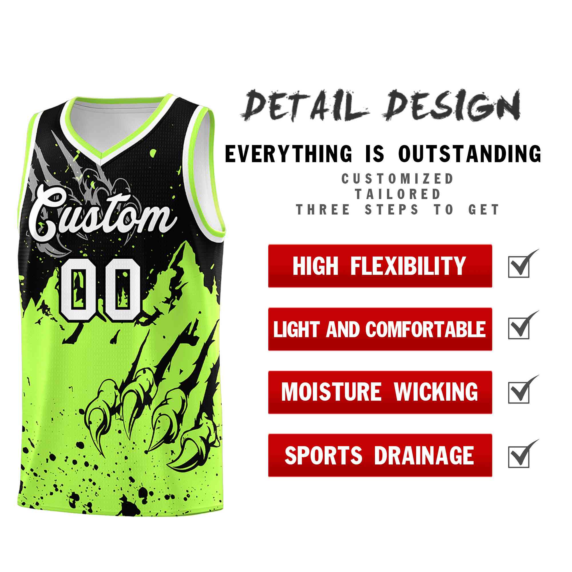 Custom Black Fluorescent Green Snow Mountain Beast Pattern Sports Uniform Basketball Jersey| KXKSHOP