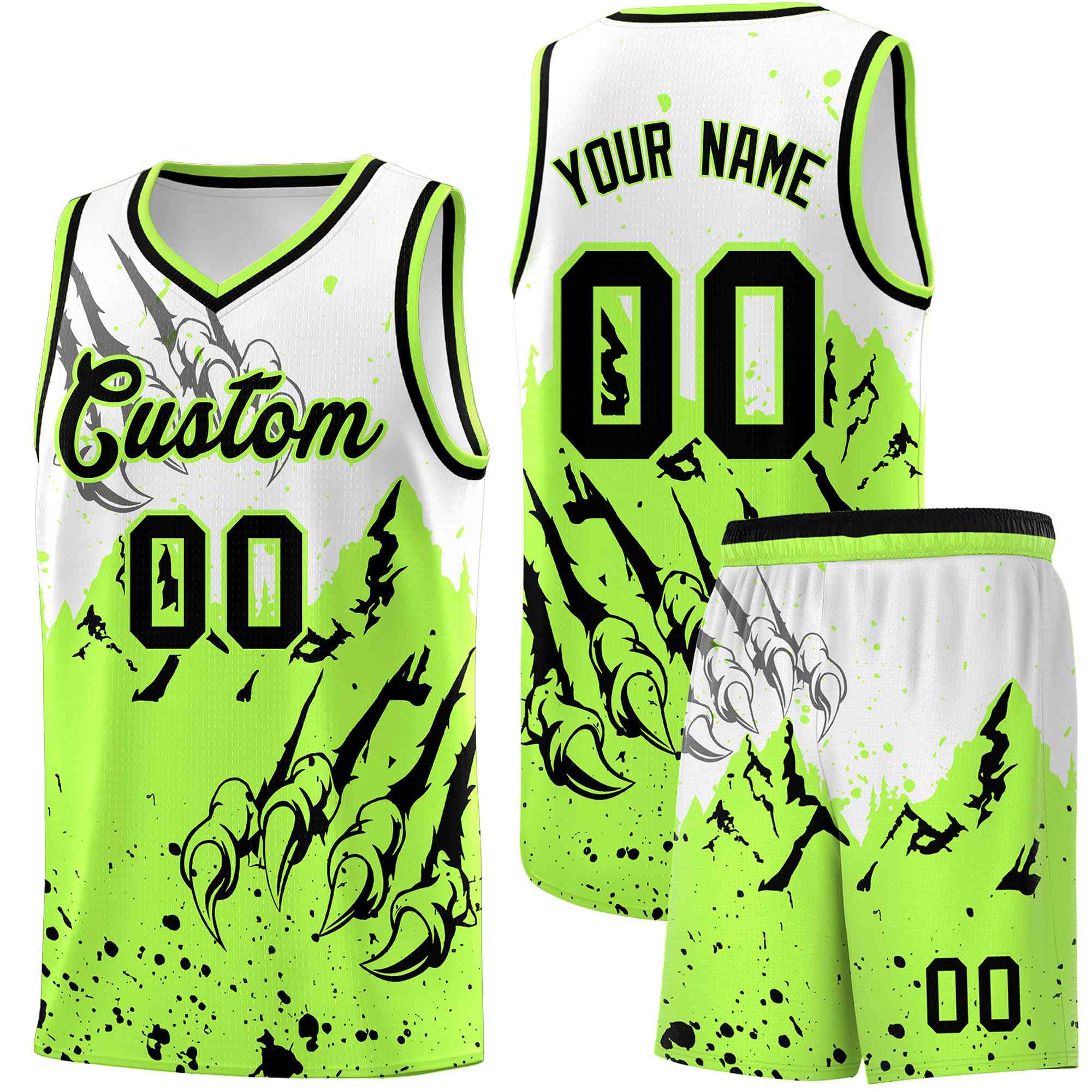 Custom White Fluorescent Green Snow Mountain Beast Pattern Sports Uniform Basketball Jersey| KXKSHOP