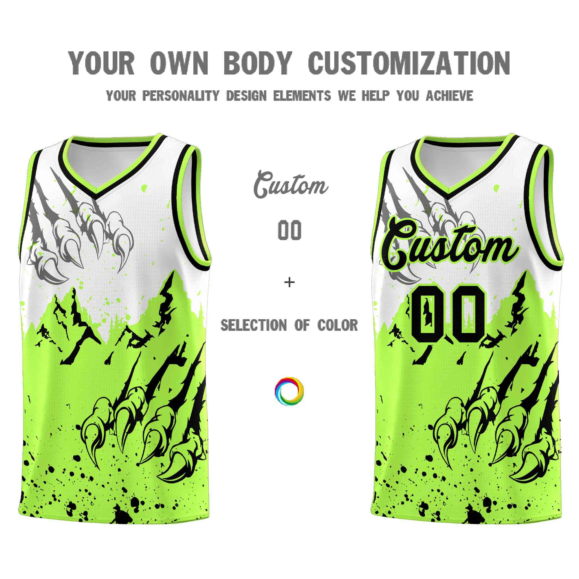 Custom White Fluorescent Green Snow Mountain Beast Pattern Sports Uniform Basketball Jersey| KXKSHOP