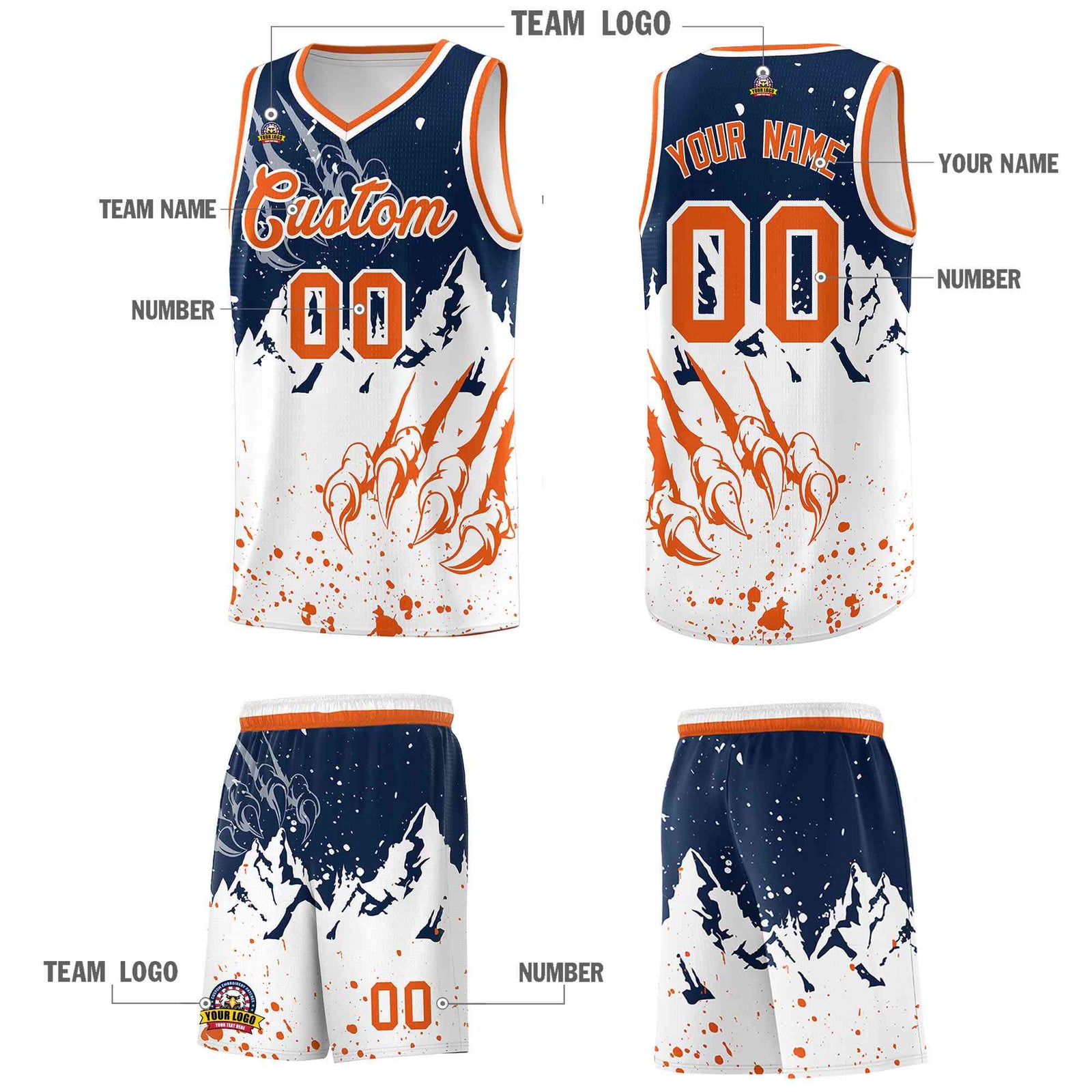 Custom Navy Orange Snow Mountain Beast Pattern Sports Uniform Basketball Jersey| KXKSHOP