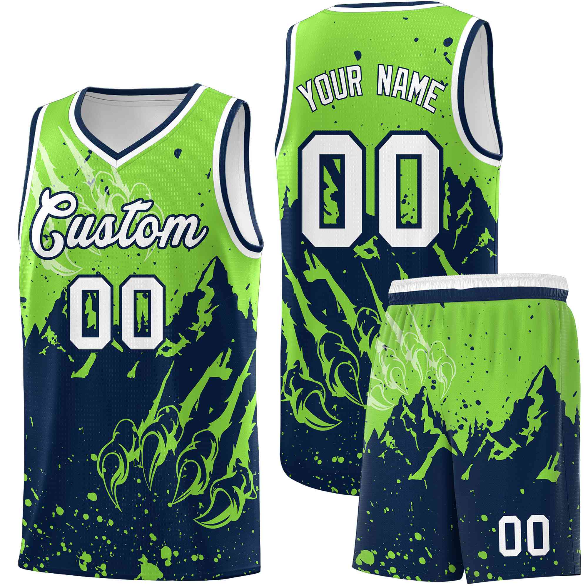 Custom Fluorescent Green Navy Snow Mountain Beast Pattern Sports Uniform Basketball Jersey| KXKSHOP