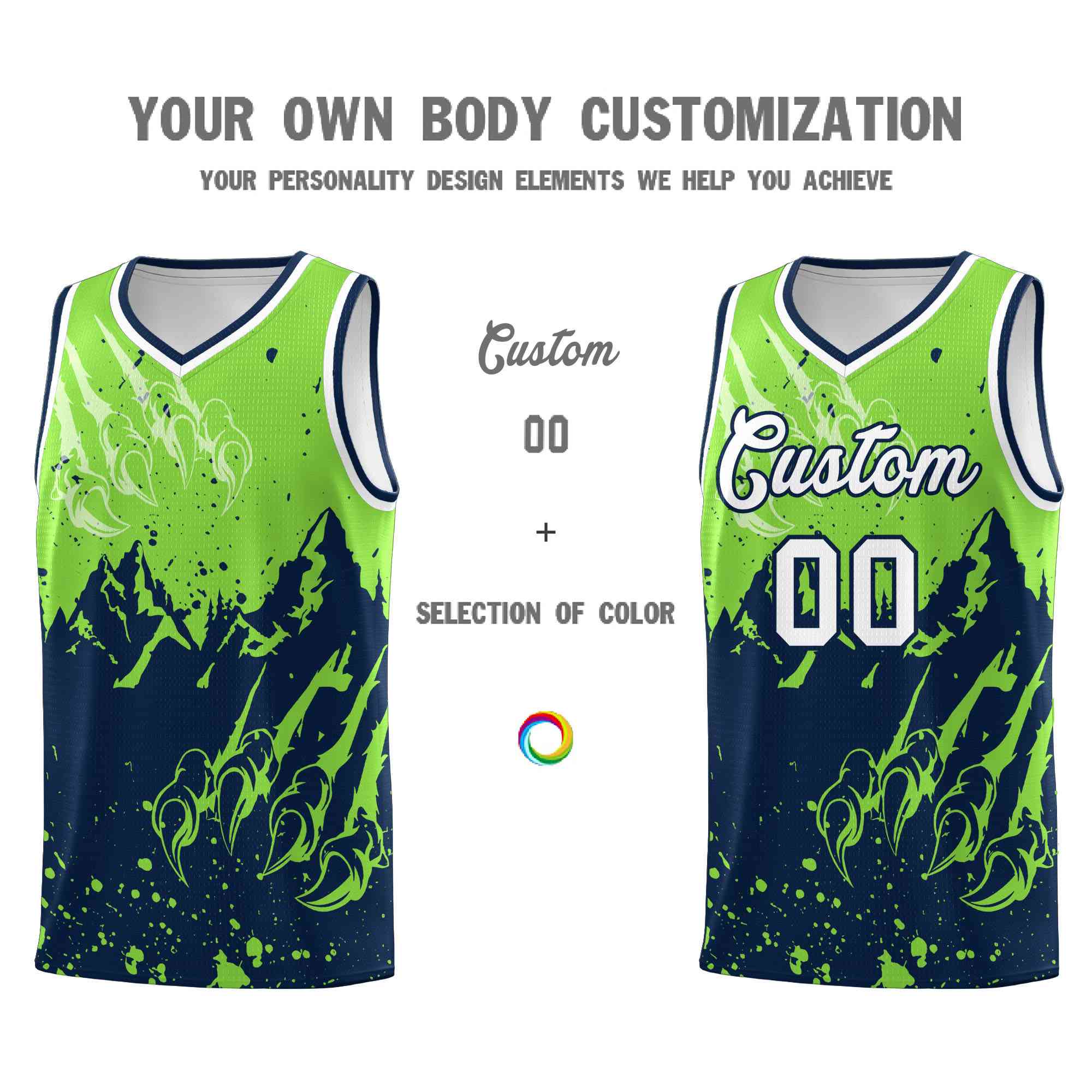 Custom Fluorescent Green Navy Snow Mountain Beast Pattern Sports Uniform Basketball Jersey| KXKSHOP
