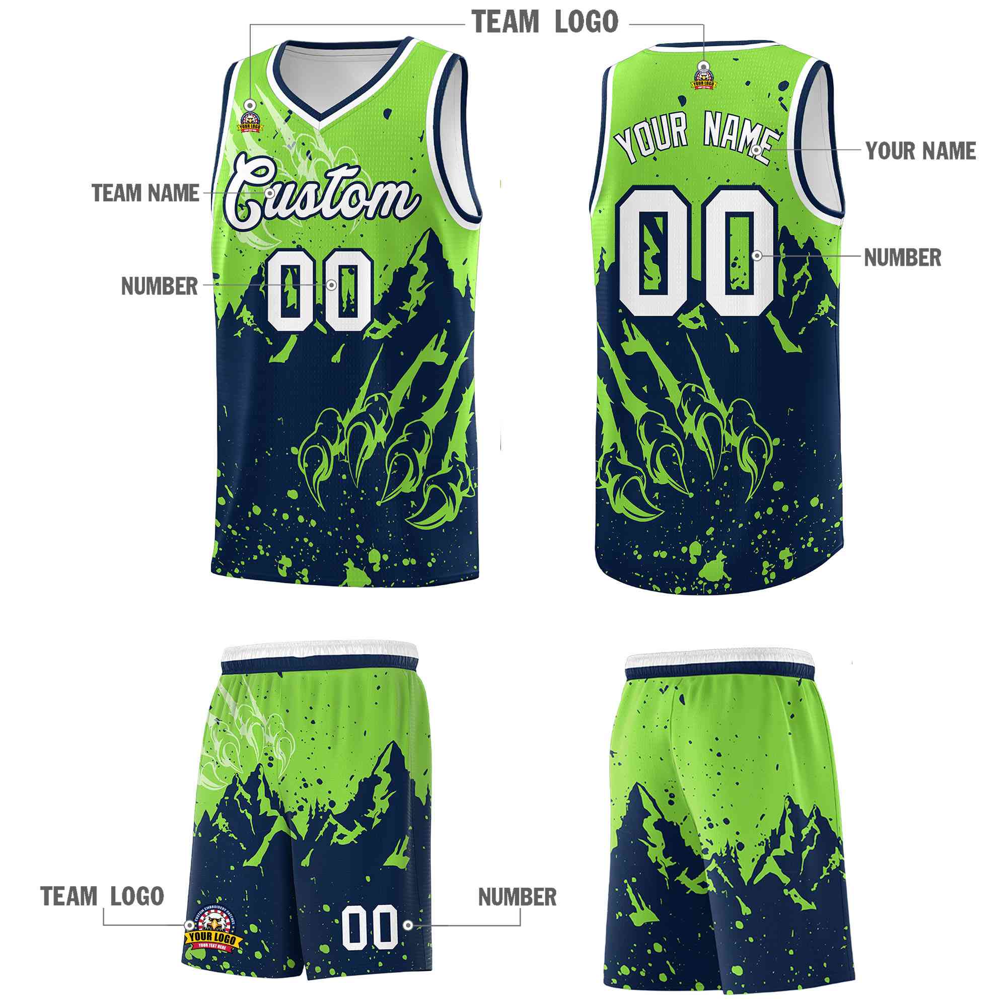 Custom Fluorescent Green Navy Snow Mountain Beast Pattern Sports Uniform Basketball Jersey