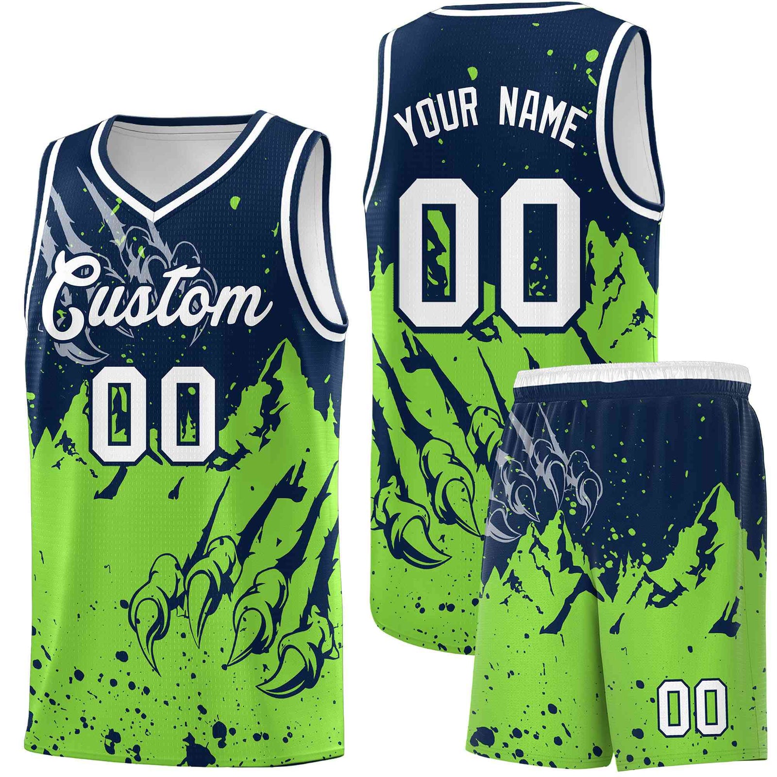 Custom Navy Fluorescent Green Snow Mountain Beast Pattern Sports Uniform Basketball Jersey| KXKSHOP