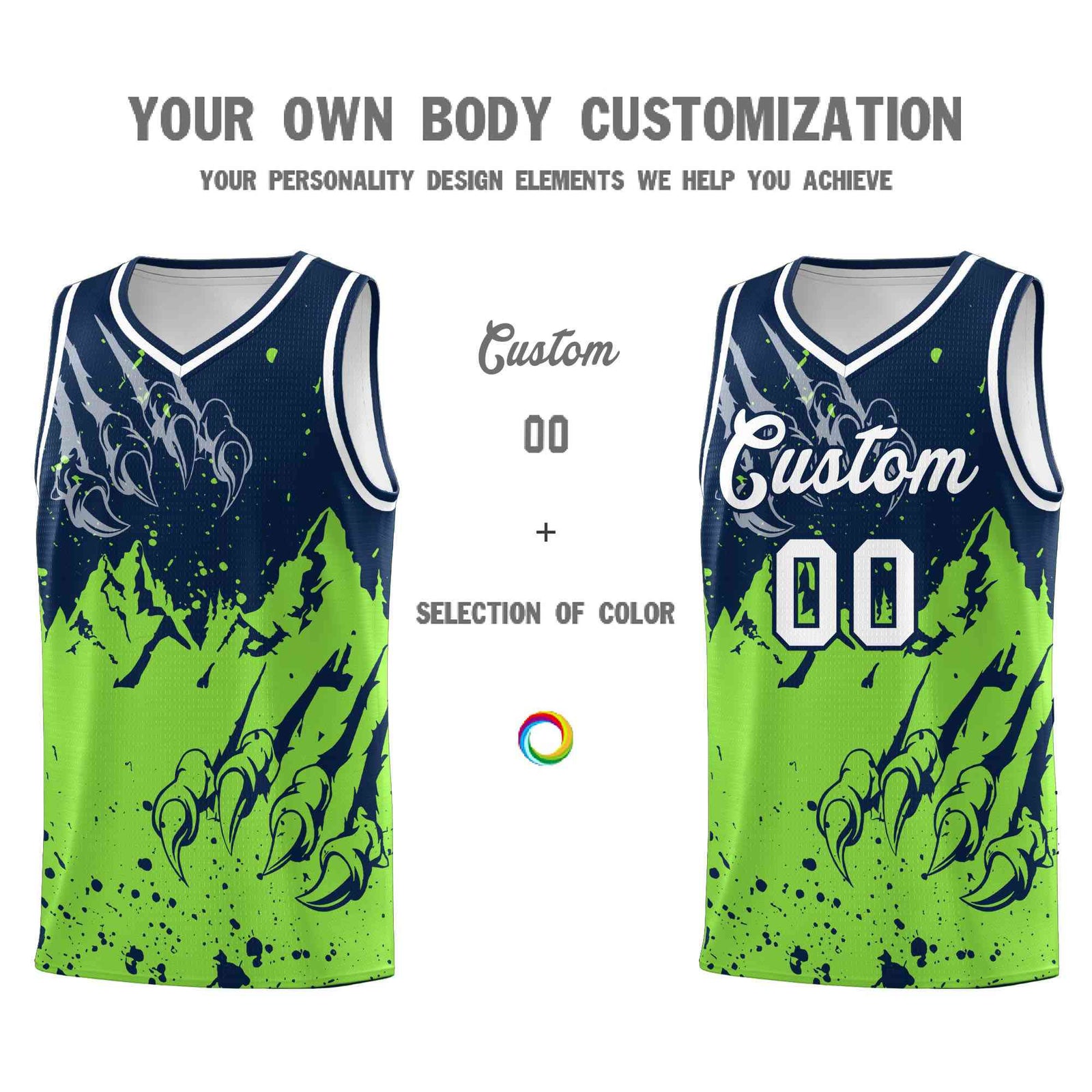 Custom Navy Fluorescent Green Snow Mountain Beast Pattern Sports Uniform Basketball Jersey| KXKSHOP