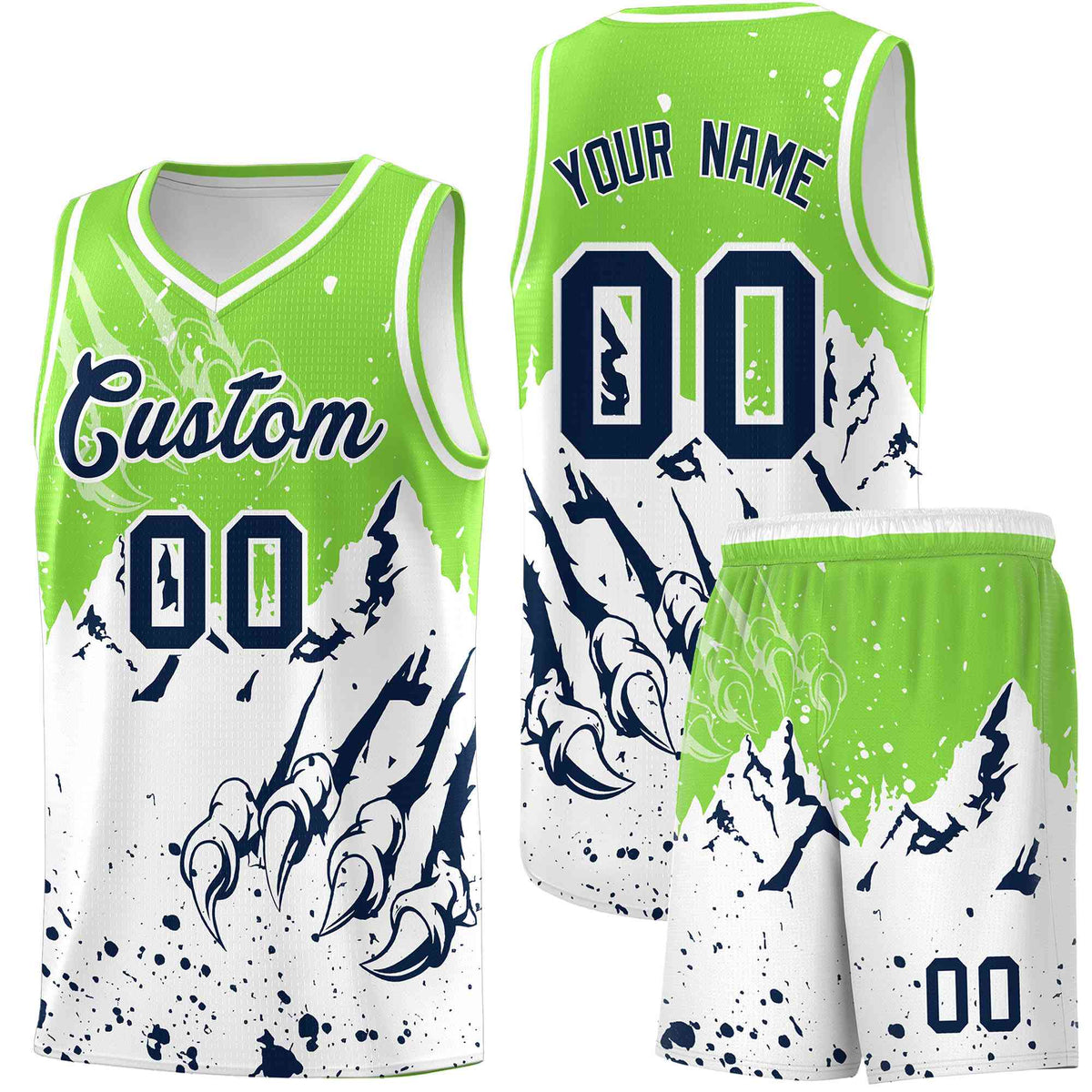 Custom Fluorescent Green White Snow Mountain Beast Pattern Sports Uniform Basketball Jersey| KXKSHOP