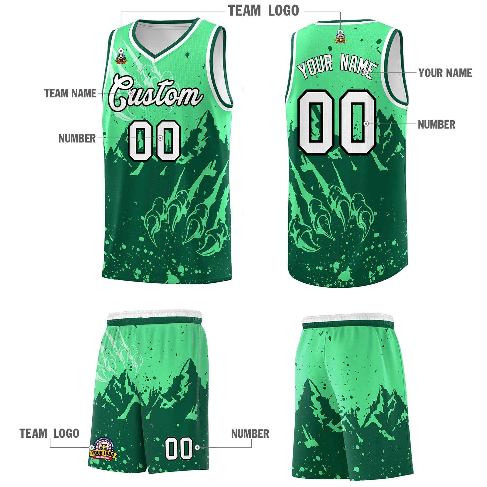 Custom Green Kelly Green Snow Mountain Beast Pattern Sports Uniform Basketball Jersey
