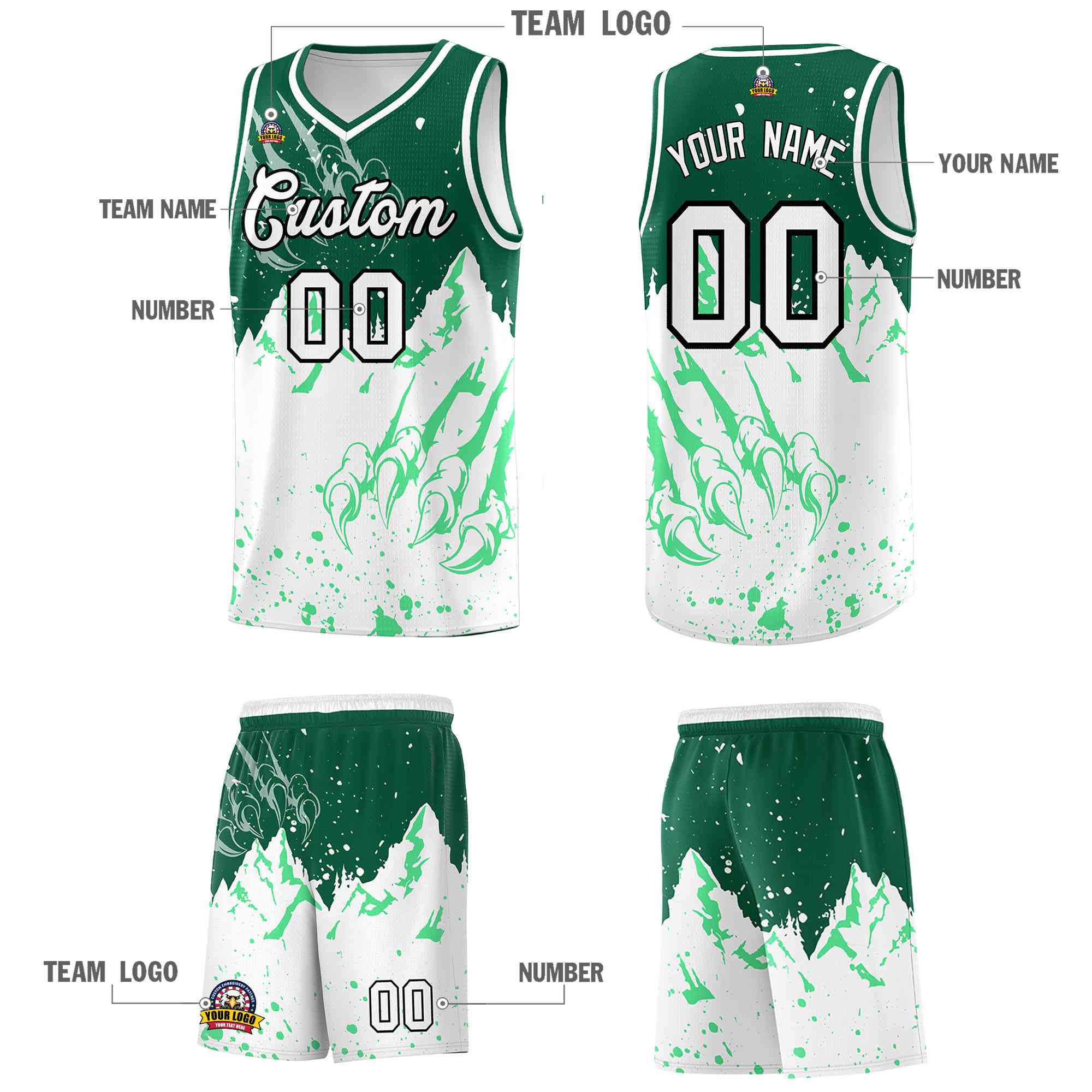 Custom Kelly Green White Snow Mountain Beast Pattern Sports Uniform Basketball Jersey