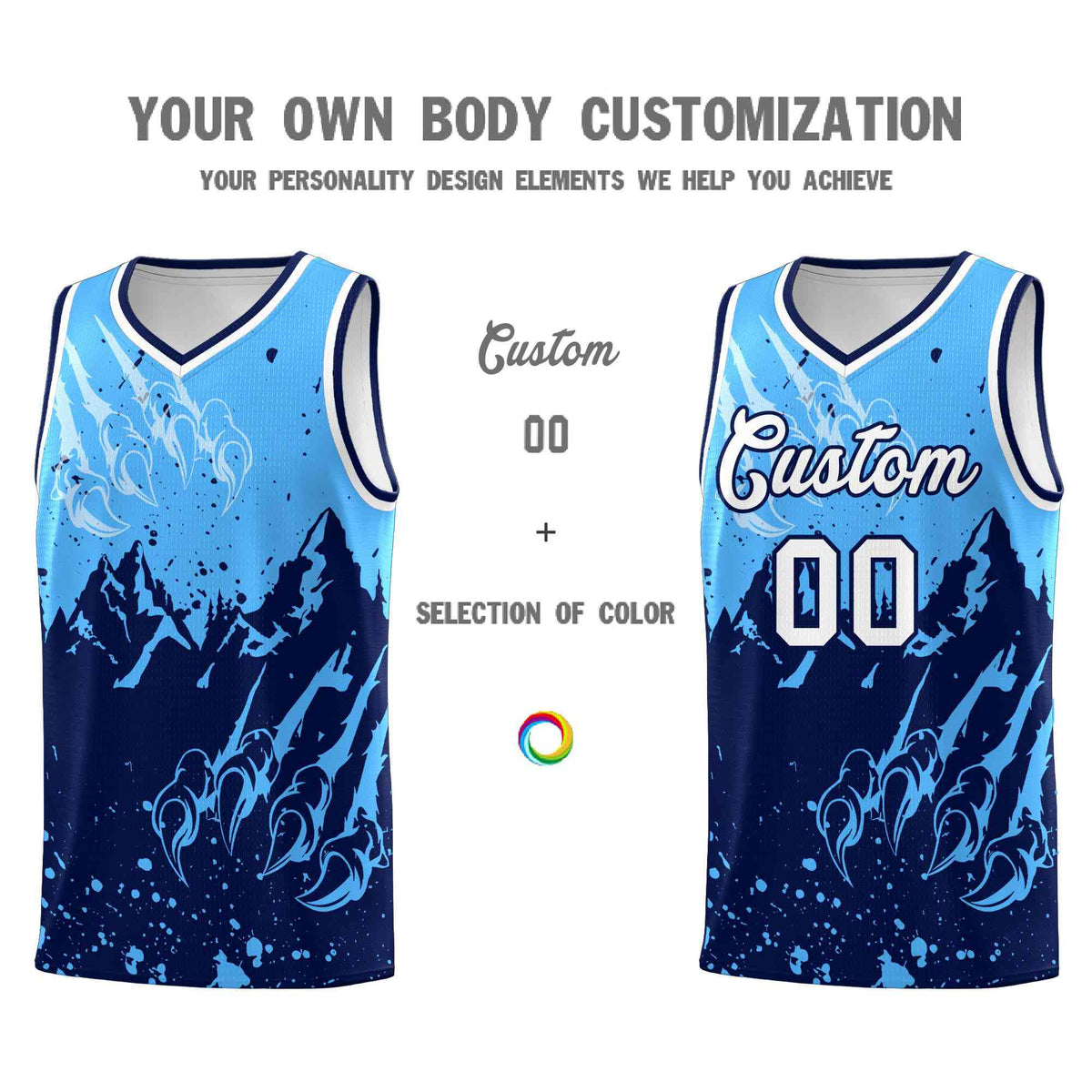 Custom Powder Blue Navy Snow Mountain Beast Pattern Sports Uniform Basketball Jersey| KXKSHOP