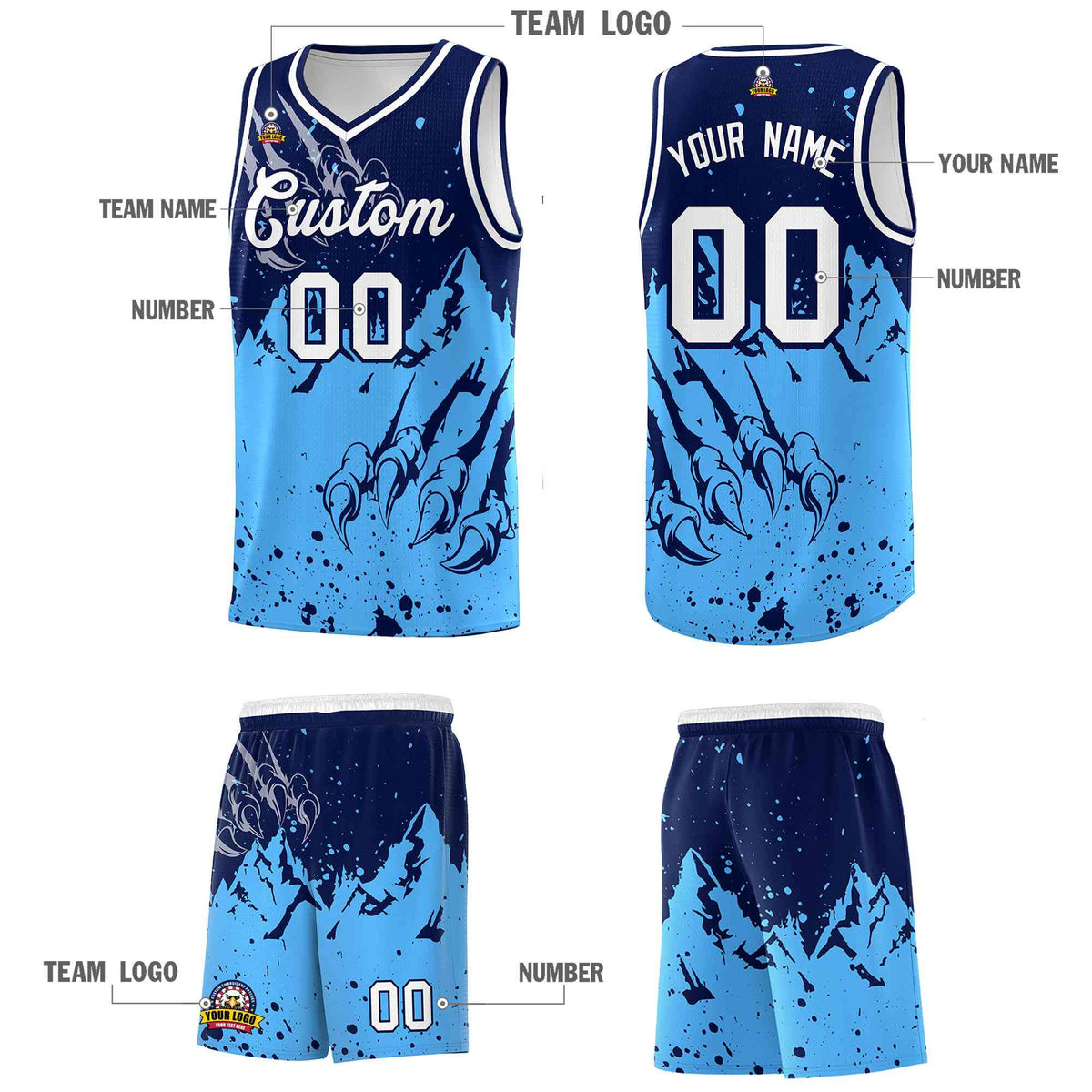 Custom Navy Powder Blue Snow Mountain Beast Pattern Sports Uniform Basketball Jersey