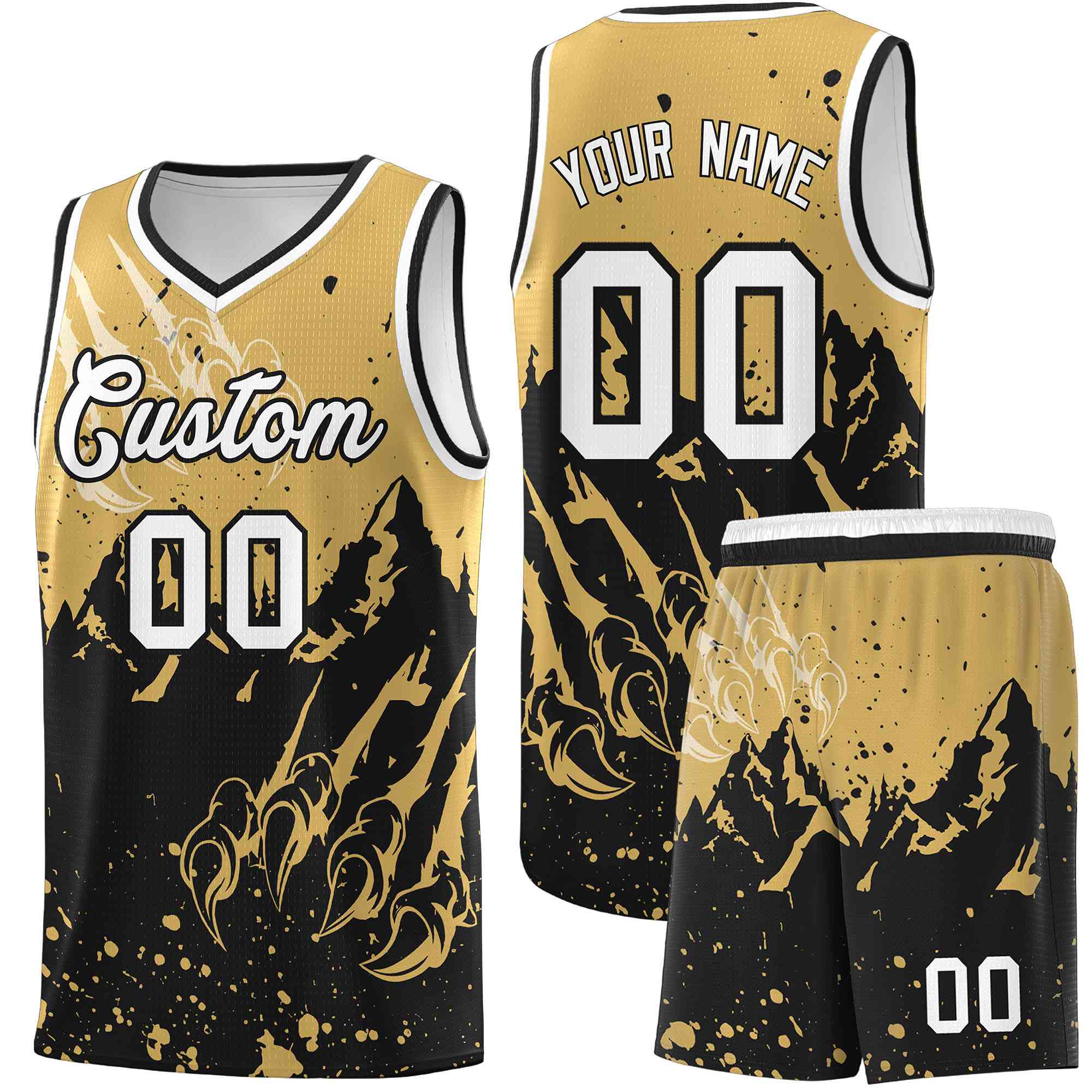 Custom Old Gold Black Snow Mountain Beast Pattern Sports Uniform Basketball Jersey| KXKSHOP