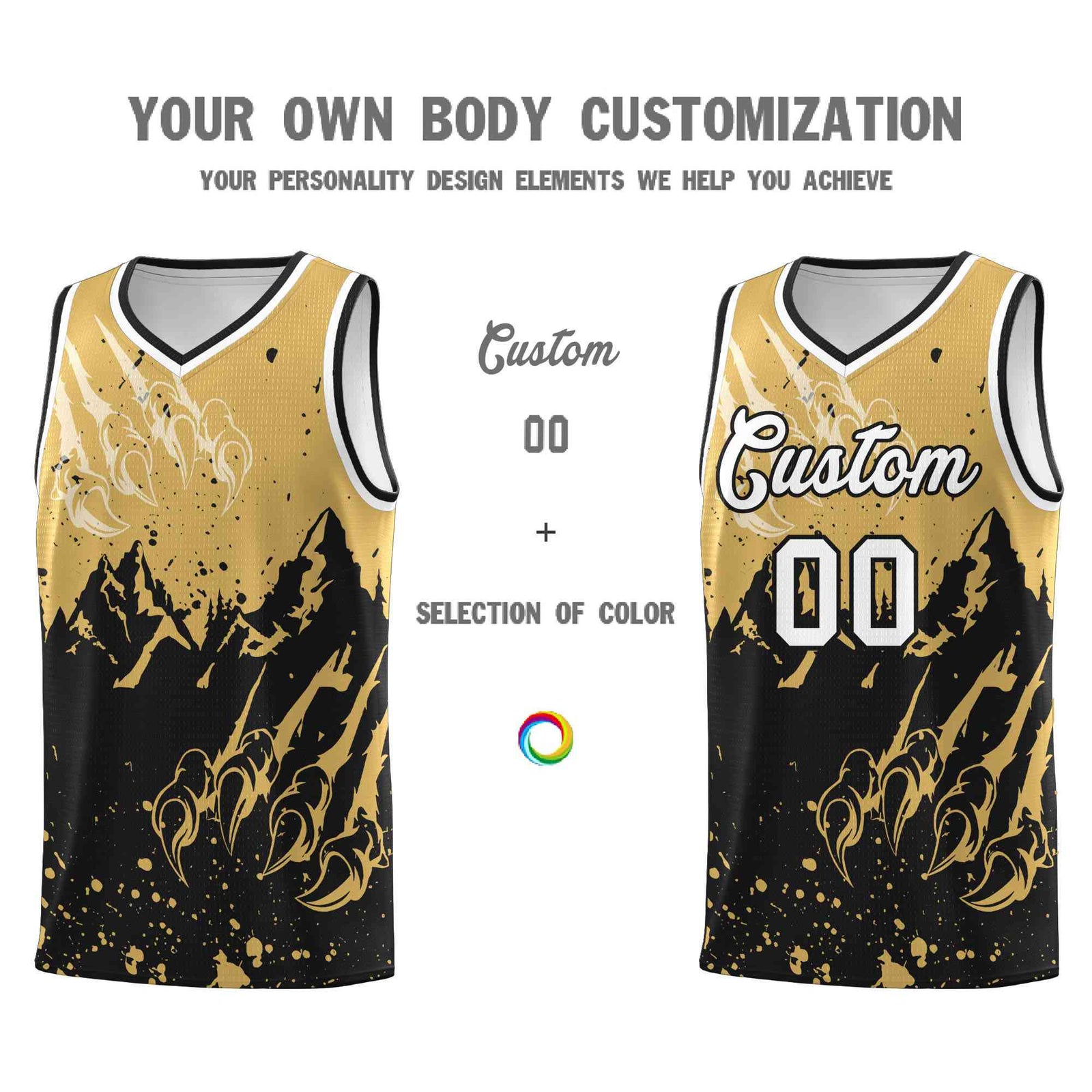 Custom Old Gold Black Snow Mountain Beast Pattern Sports Uniform Basketball Jersey| KXKSHOP