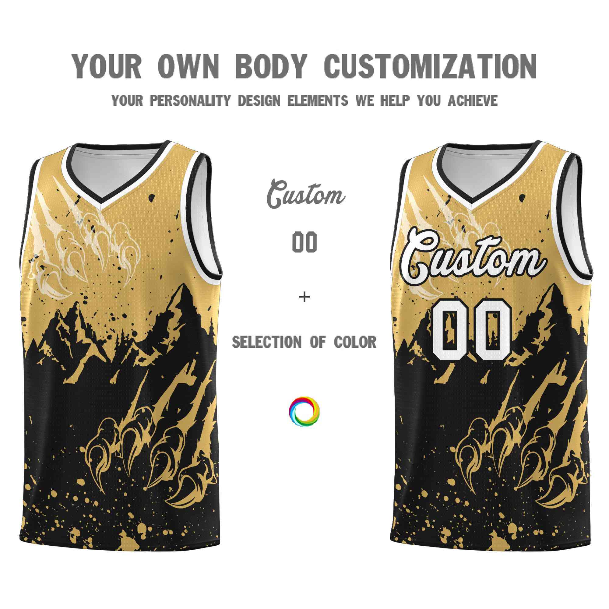 Custom Old Gold Black Snow Mountain Beast Pattern Sports Uniform Basketball Jersey| KXKSHOP