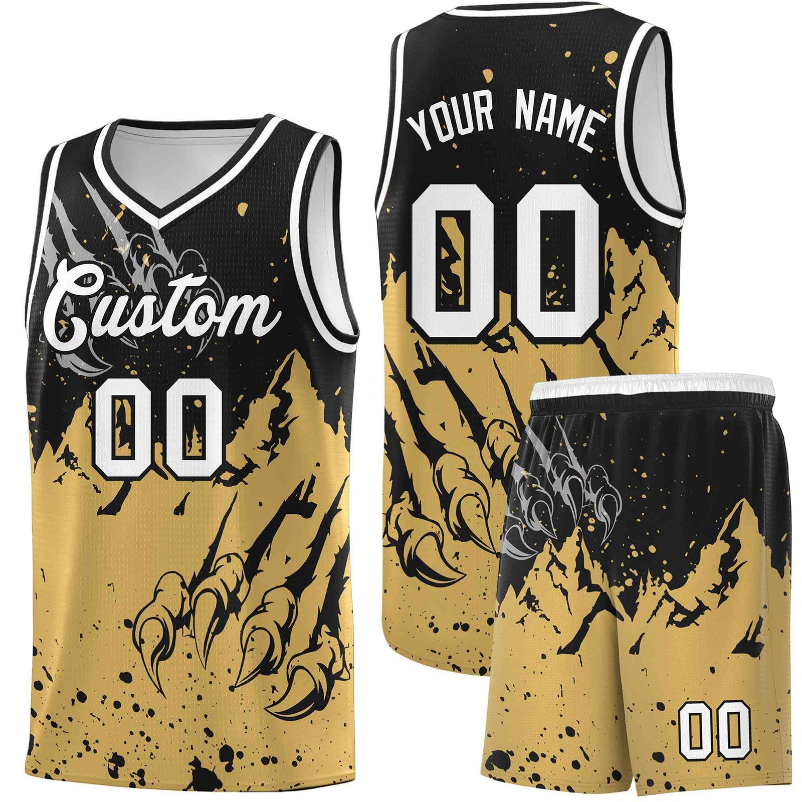 Custom Black Old Gold Snow Mountain Beast Pattern Sports Uniform Basketball Jersey| KXKSHOP