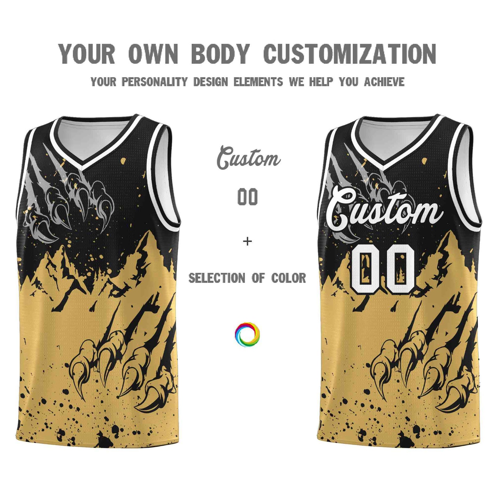 Custom Black Old Gold Snow Mountain Beast Pattern Sports Uniform Basketball Jersey| KXKSHOP