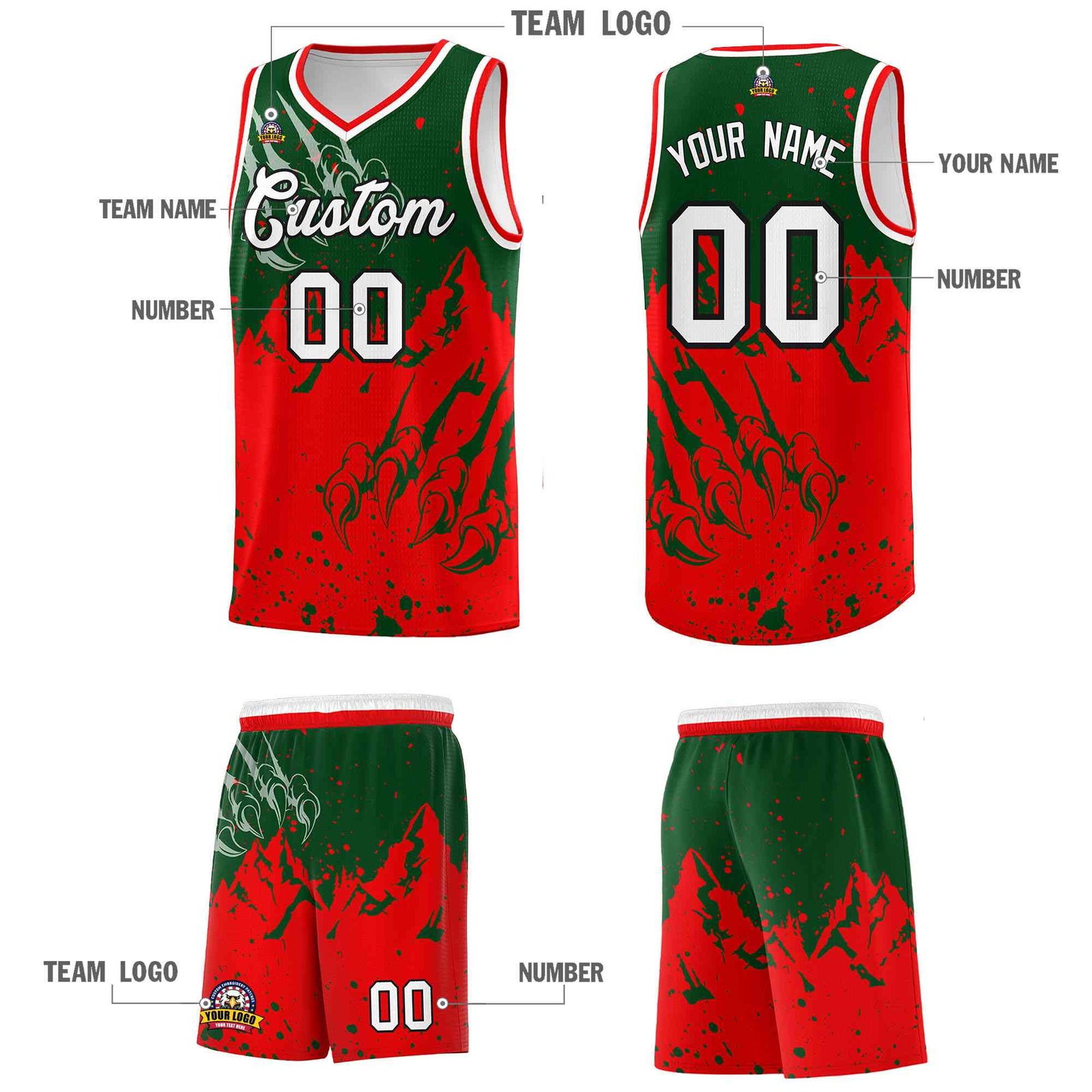 Custom Green Light Red Snow Mountain Beast Pattern Sports Uniform Basketball Jersey