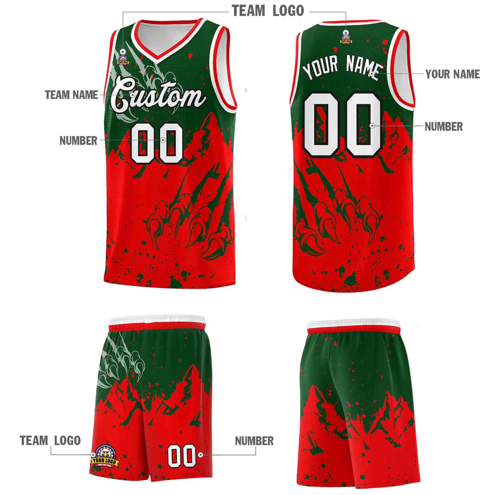 Custom Green Light Red Snow Mountain Beast Pattern Sports Uniform Basketball Jersey