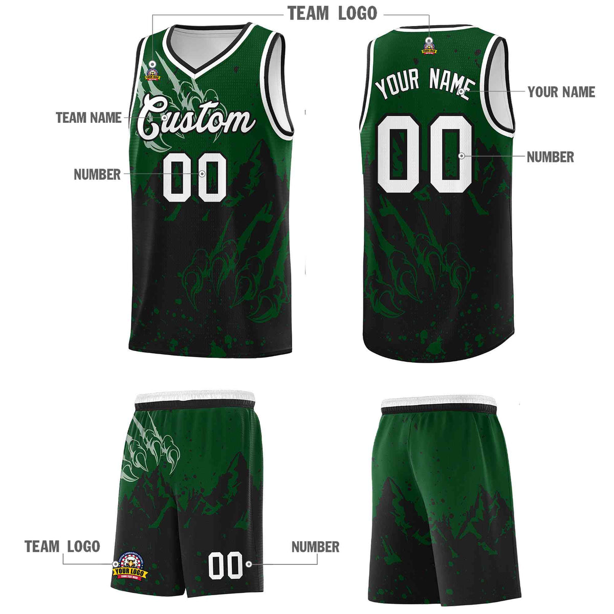 Custom Green Black Snow Mountain Beast Pattern Sports Uniform Basketball Jersey