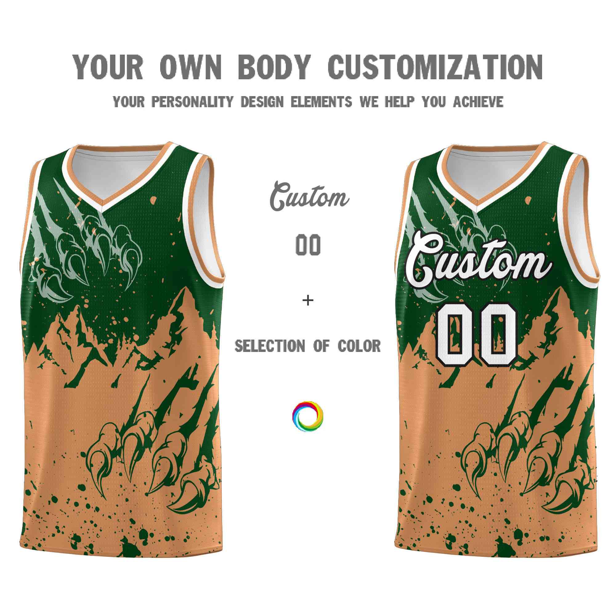 Custom Green Buckskin Brown Snow Mountain Beast Pattern Sports Uniform Basketball Jersey| KXKSHOP
