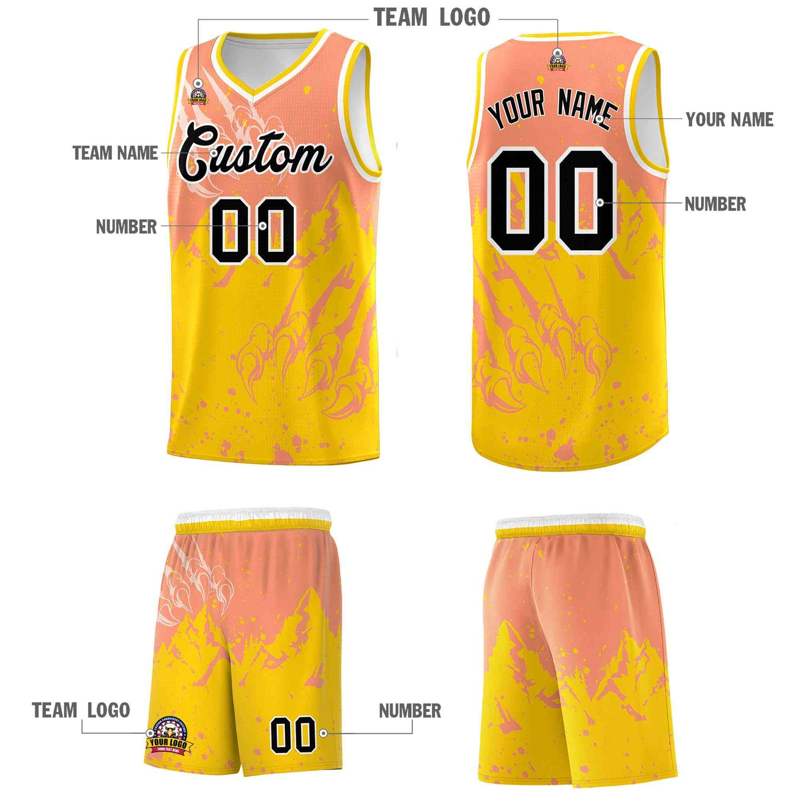 Custom Light Orange Gold Snow Mountain Beast Pattern Sports Uniform Basketball Jersey