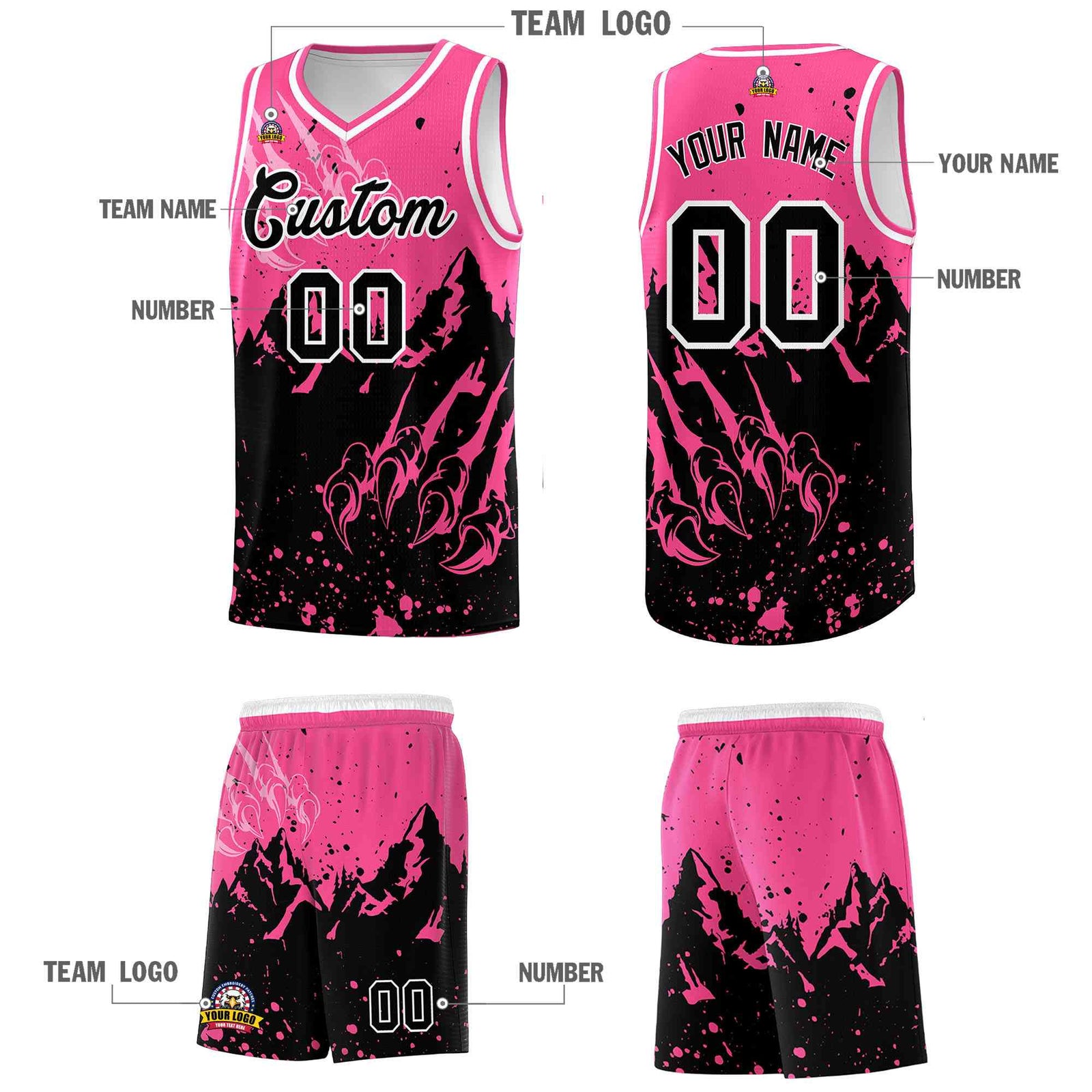 Custom Pink Black Snow Mountain Beast Pattern Sports Uniform Basketball Jersey
