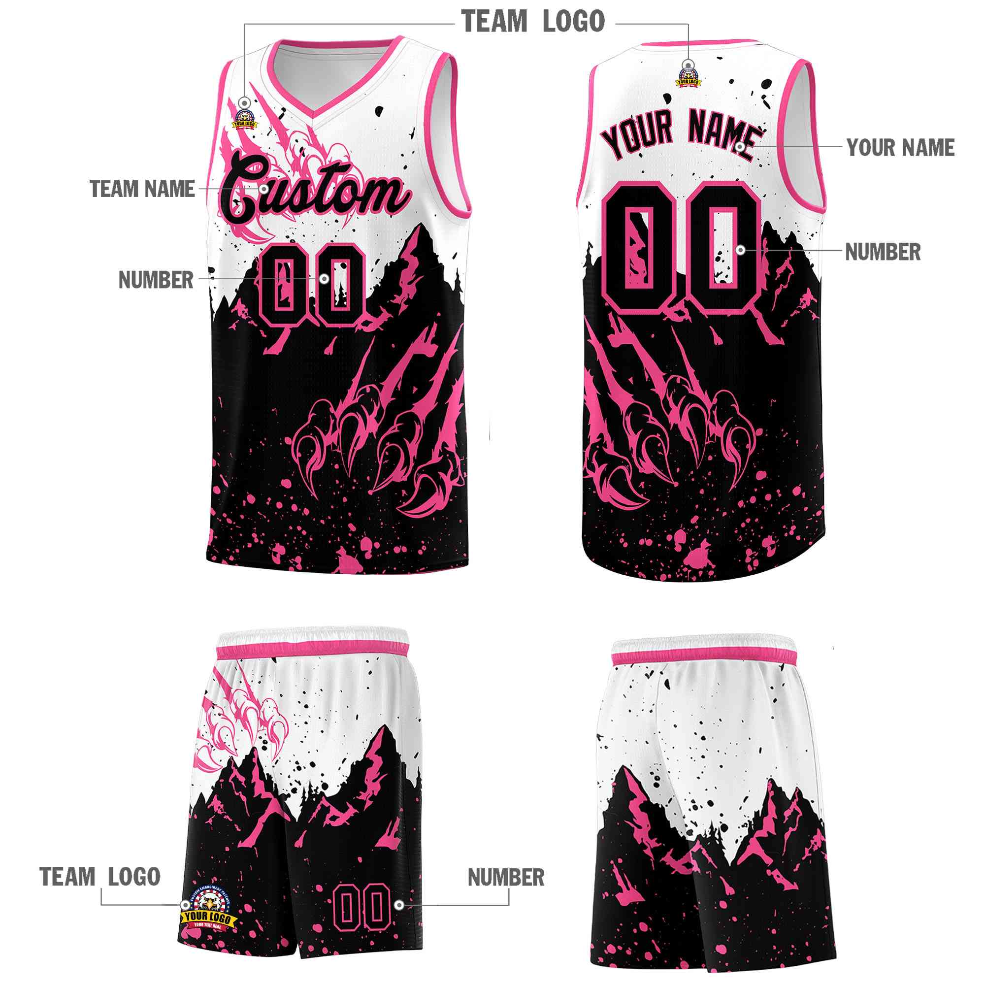 Custom White Pink Snow Mountain Beast Pattern Sports Uniform Basketball Jersey
