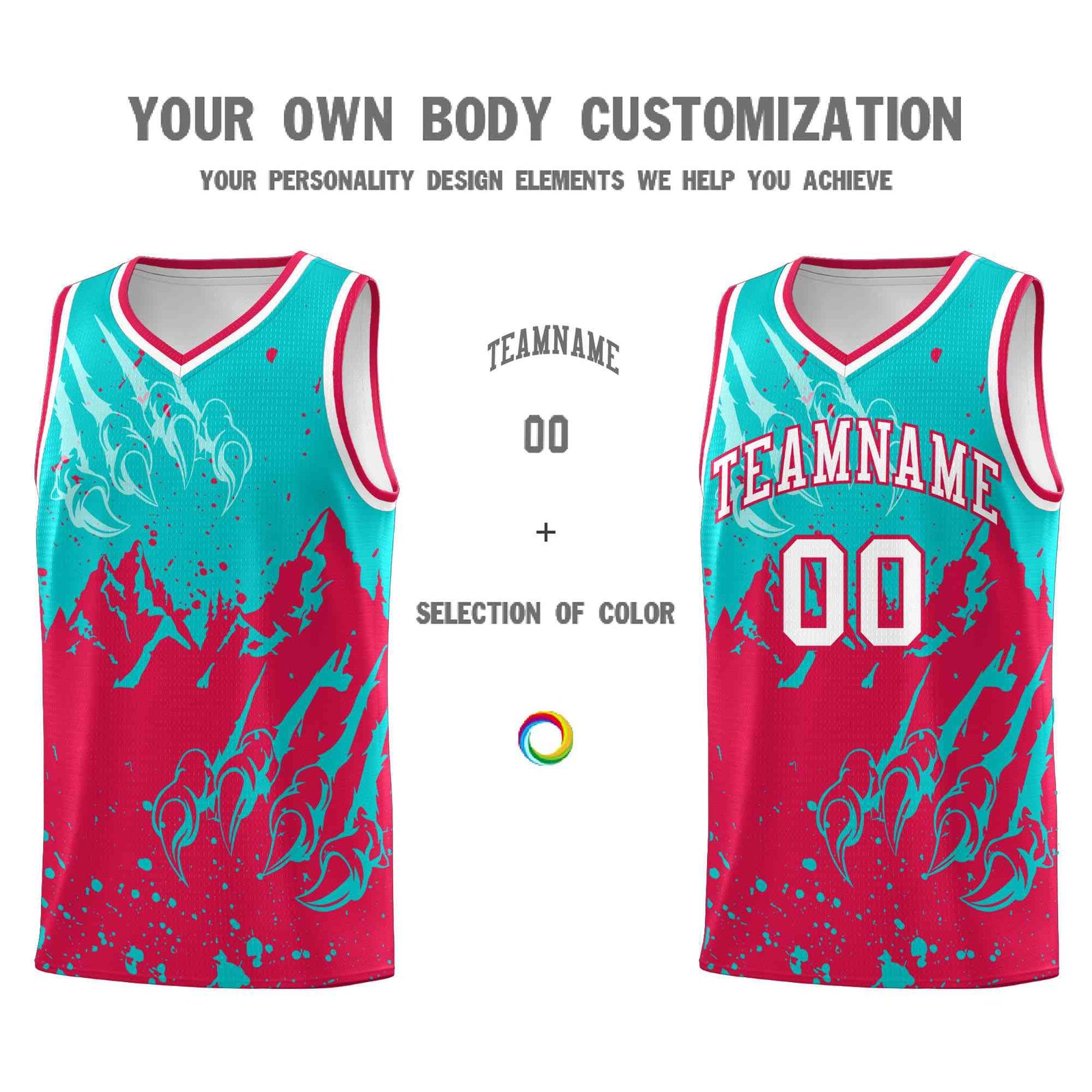 Custom Aqua Red Snow Mountain Beast Pattern Sports Uniform Basketball Jersey